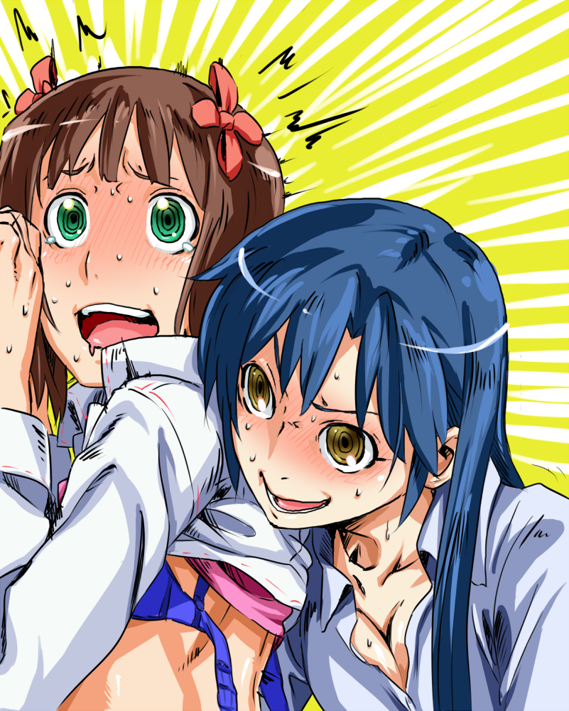 thesale, amami haruka, kisaragi chihaya, idolmaster, idolmaster (classic), bad id, bad pixiv id, 2girls, blue hair, blush, bra, brown eyes, dressing, green eyes, lingerie, multiple girls, sweat, underwear, you gonna get raped, yuri