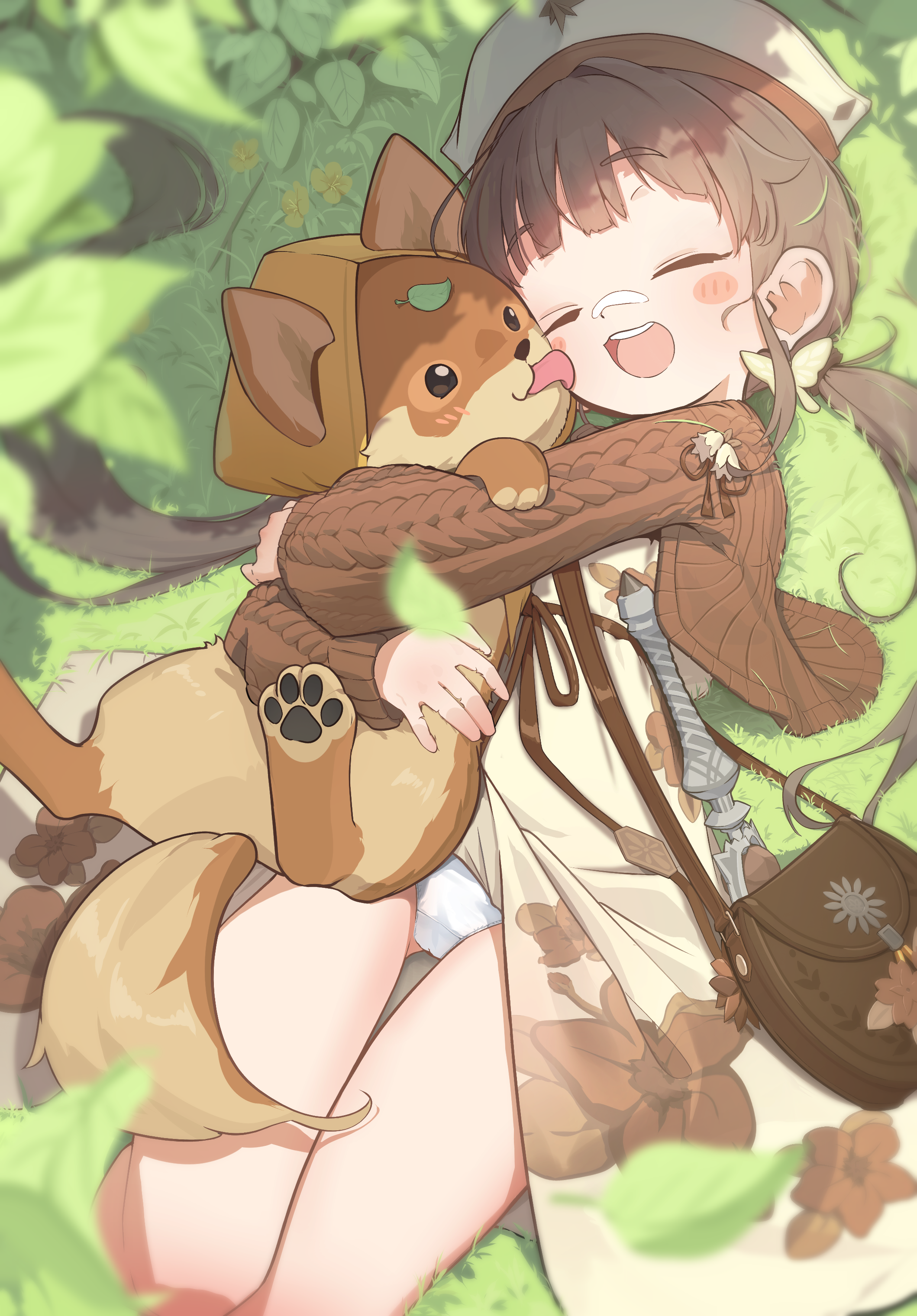 domado, original, absurdres, commentary, english commentary, highres, 1girl, animal, animal hug, bag, bandaid, bandaid on face, bandaid on nose, brown bag, brown dress, brown hair, brown sweater, bush, closed eyes, day, dog, dress, dresss lift, grass, handbag, hat, leaf, licking, licking another's face, long sleeves, lying, on back, on ground, open mouth, outdoors, panties, pantyshot, smile, sweater, sword, teeth, underwear, upper teeth only, weapon, white hat, white panties
