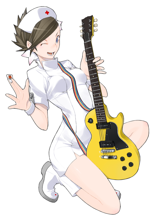 yasuda suzuhito, v juri f, gibson, yozakura quartet, 1girl, blue eyes, boots, brown hair, electric guitar, female focus, gibson les paul, guitar, hat, instrument, looking at viewer, nurse, nurse cap, open mouth, short hair, smile, solo