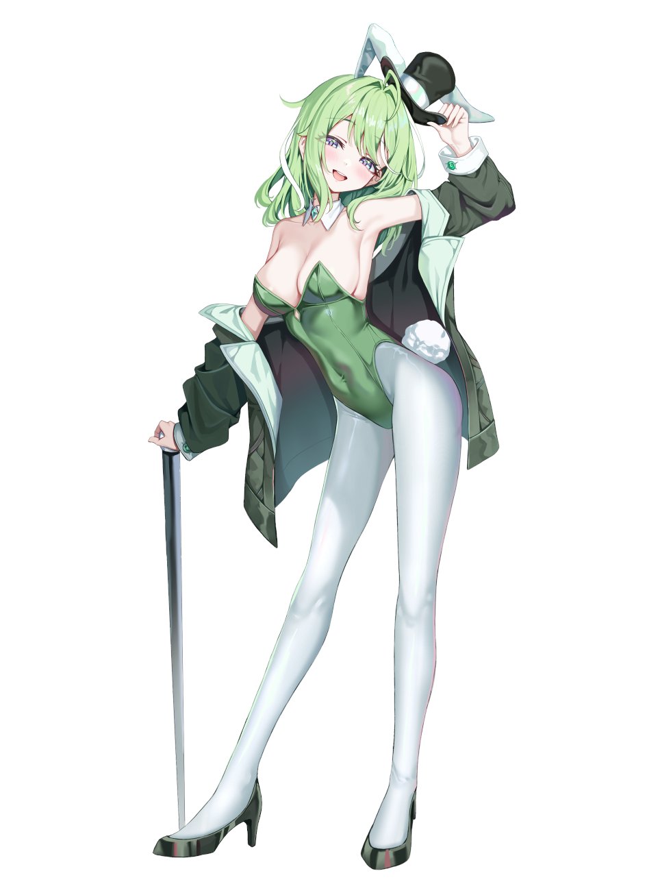 ha en, yuzuha riko, stellive, hashtag-only commentary, highres, 1girl, animal ears, black hat, black shoes, breasts, cleavage, covered navel, detached collar, fake animal ears, fake tail, full body, green hair, green jacket, green leotard, hand up, hat, high heels, jacket, large breasts, leotard, long sleeves, looking at viewer, medium hair, multicolored hair, open clothes, open jacket, open mouth, pantyhose, rabbit ears, rabbit tail, shoes, simple background, smile, solo, standing, streaked hair, tail, teeth, top hat, upper teeth only, virtual youtuber, white background, white hair, white pantyhose, wing collar