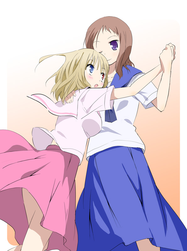 ayane yuu, fukuji mihoko, takei hisa, saki (manga), 2girls, :o, heterochromia, multiple girls, no legwear, one eye closed, school uniform, serafuku, wink, yuri