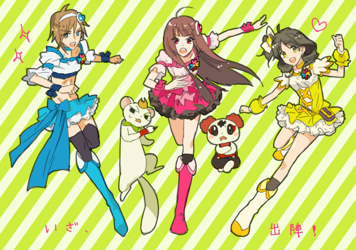 marui (airo), chiffon (fresh precure!), cure berry, cure peach, cure pine, hanaori kotoha, ikenami ryuunosuke, shiba takeru, shiraishi mako, tani chiaki, tart (fresh precure!), fresh precure!, precure, samurai sentai shinkenger, super sentai, black legwear, blue footwear, bad id, bad pixiv id, 1boy, 2girls, animification, black hair, blue eyes, blue skirt, boots, bow, brown hair, choker, cosplay, cure berry (cosplay), cure peach (cosplay), cure pine (cosplay), dress, hair ornament, hair ribbon, hairband, hairpin, heart, heart hair ornament, knee boots, long hair, magical girl, midriff, multiple girls, parody, pink boots, red eyes, ribbon, running, side ponytail, skirt, thighhighs, yellow eyes