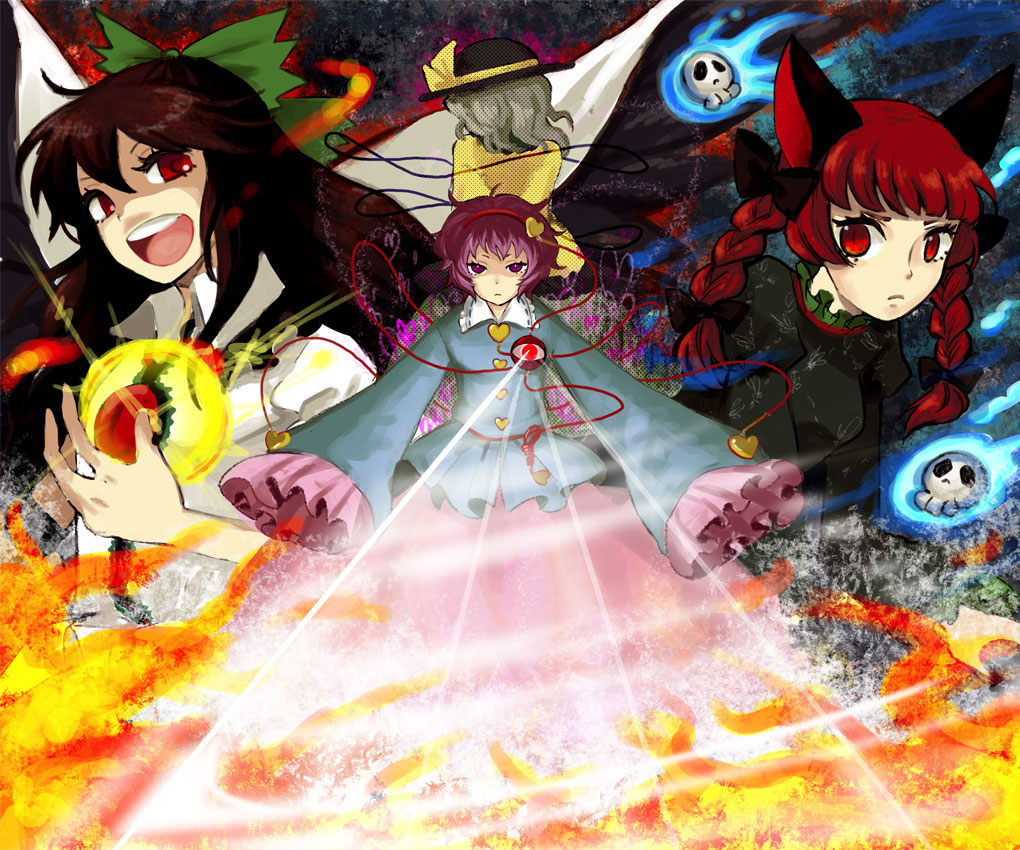 eeyasu, kaenbyou rin, komeiji koishi, komeiji satori, reiuji utsuho, touhou, 4girls, animal ears, bow, braid, brown hair, cat ears, cat girl, female focus, hair bow, hairband, hat, heart, long hair, multiple girls, purple eyes, purple hair, red eyes, red hair, short hair, skirt, skull, twin braids