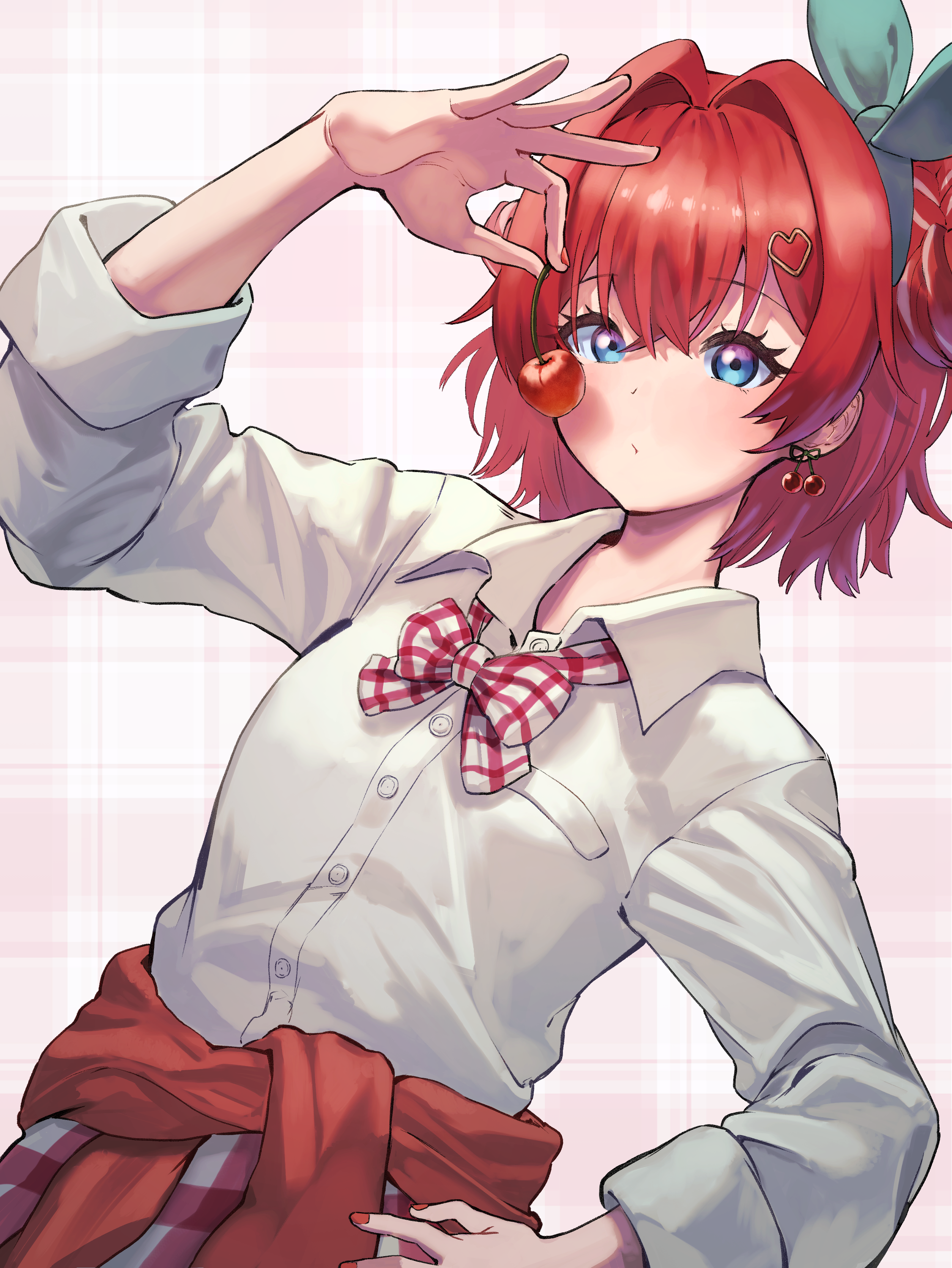 rkin 4917, ange katrina, cherry pop (vocaloid), nijisanji, absurdres, commentary request, highres, 1girl, arm up, blue eyes, blush, bow, bow hairband, bowtie, breasts, cherry earrings, closed mouth, clothes around waist, collared shirt, cowboy shot, crossed bangs, double bun, dutch angle, earrings, eyelashes, food-themed earrings, food themed earrings, gingham clothes, gingham skirt, green bow, green hairband, grid print, hair between eyes, hair bun, hair intakes, hair ornament, hairband, hand on own hip, heart, heart hair ornament, holding cherry, jewelry, looking at viewer, medium hair, multicolored eyes, multicolored hair, nail polish, official alternate costume, pink background, pink skirt, plaid background, print bow, print bowtie, purple eyes, red bow, red bowtie, red hair, red nails, red sweater, shirt, skirt, sleeves rolled up, small breasts, solo, streaked hair, sweater, sweater around waist, two-tone eyes, virtual youtuber, white bow, white bowtie, white shirt