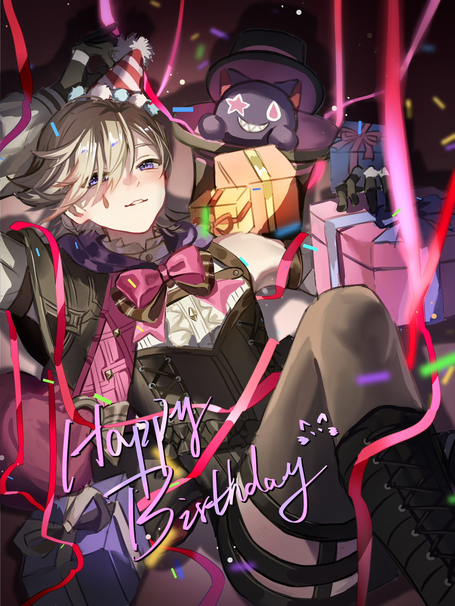 lyney (genshin impact), genshin impact, commentary, highres, symbol-only commentary, 1boy, black boots, black gloves, blah haohao, boots, box, brown hair, confetti, facial mark, gift, gift box, gloves, happy birthday, hat, long sleeves, looking at viewer, male focus, multiple thigh straps, party hat, purple eyes, smile, thigh strap