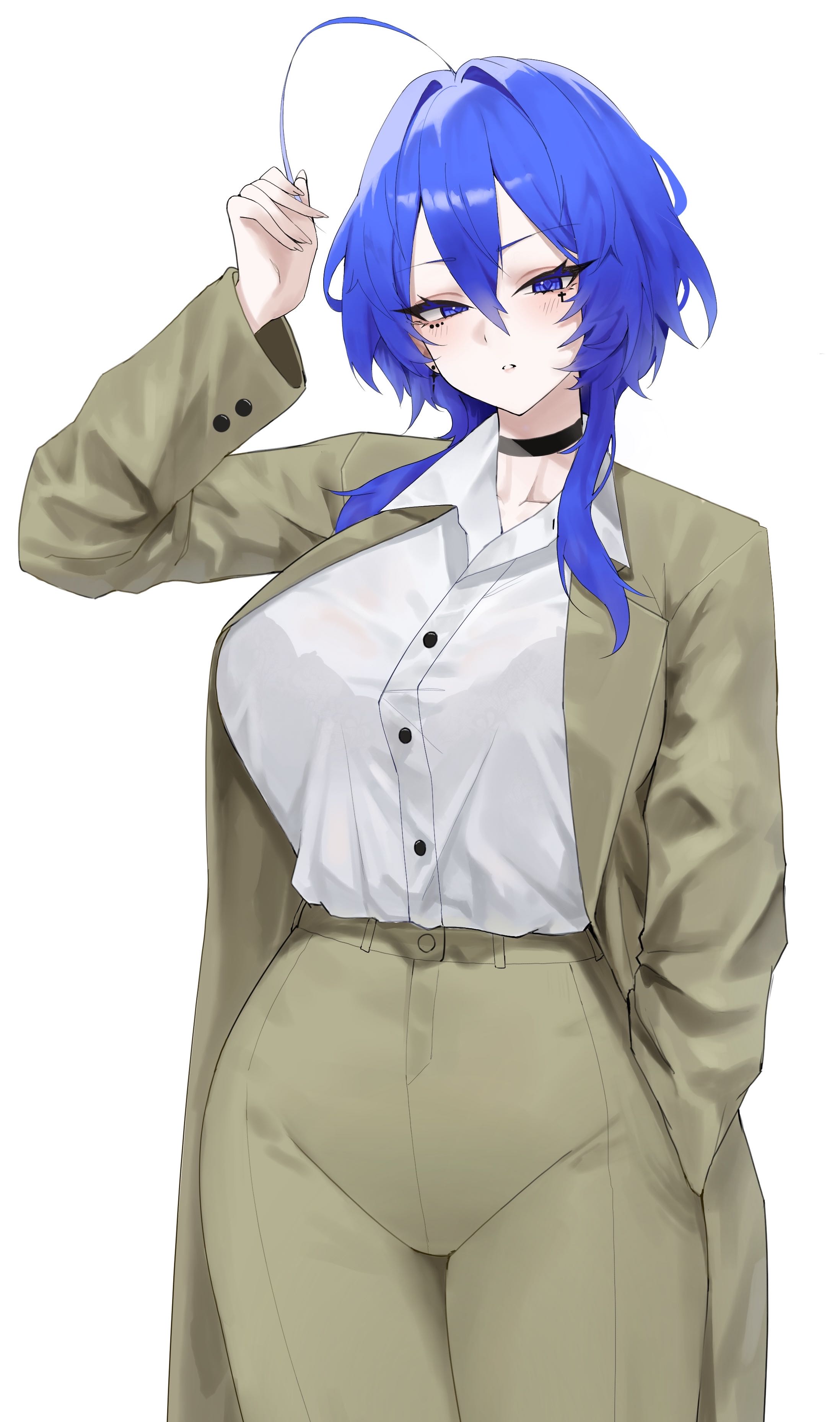 first one14, original, absurdres, commentary, english commentary, highres, 1girl, ahoge, arm up, bat wings, black choker, blue eyes, blue hair, bra visible through clothes, breasts, brown coat, brown pants, buttons, choker, coat, collarbone, collared shirt, covered groin, hair between eyes, hair intakes, hand in pocket, high-waist pants, holding, holding own hair, huge ahoge, large breasts, long sleeves, pants, shirt, shirt tucked in, short hair, sidelocks, simple background, solo, standing, thighs, white background, white shirt, wings