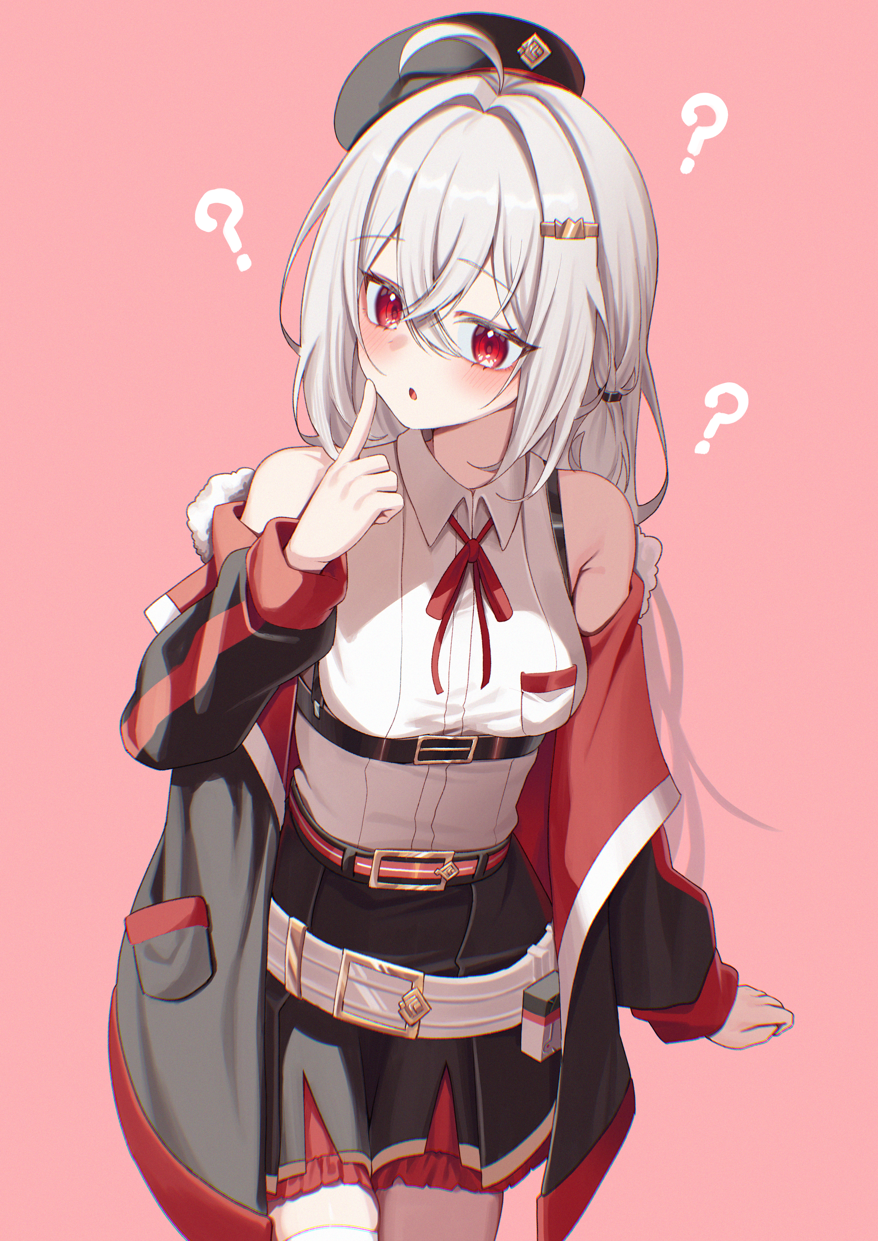 jinggun, original, absurdres, commentary, commission, highres, 1girl, ?, ahoge, bare shoulders, belt, black belt, black hat, black jacket, blush, breasts, collared shirt, cowboy shot, crossed bangs, hair between eyes, hand up, hat, jacket, long hair, looking to the side, medium breasts, multicolored jacket, multiple belts, neck ribbon, off shoulder, open mouth, red background, red eyes, red jacket, red ribbon, ribbon, shirt, simple background, sleeveless, sleeveless shirt, solo, two-tone jacket, white belt, white hair, white shirt