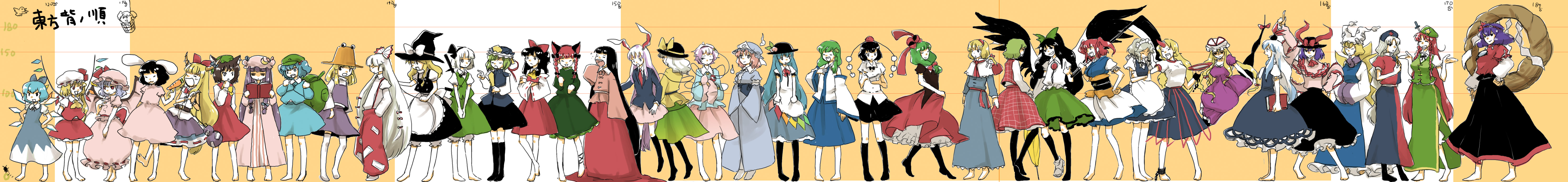 eeyasu, alice margatroid, chen, cirno, flandre scarlet, fujiwara no mokou, hakurei reimu, hinanawi tenshi, hong meiling, hoshiguma yuugi, houraisan kaguya, ibuki suika, inaba tewi, izayoi sakuya, kaenbyou rin, kagiyama hina, kamishirasawa keine, kawashiro nitori, kazami yuuka, kirisame marisa, kisume, kochiya sanae, komeiji koishi, komeiji satori, konpaku youmu, moriya suwako, mystia lorelei, mystia lorelei (bird), nagae iku, onozuka komachi, patchouli knowledge, reisen udongein inaba, reiuji utsuho, remilia scarlet, saigyouji yuyuko, shameimaru aya, shanghai doll, shiki eiki, wriggle nightbug, yagokoro eirin, yakumo ran, yakumo yukari, yasaka kanako, saturday night fever, touhou, absurdres, highres, long image, wide image, 6+girls, barefoot, everyone, hand on own hip, height chart, horns, multiple girls, single horn