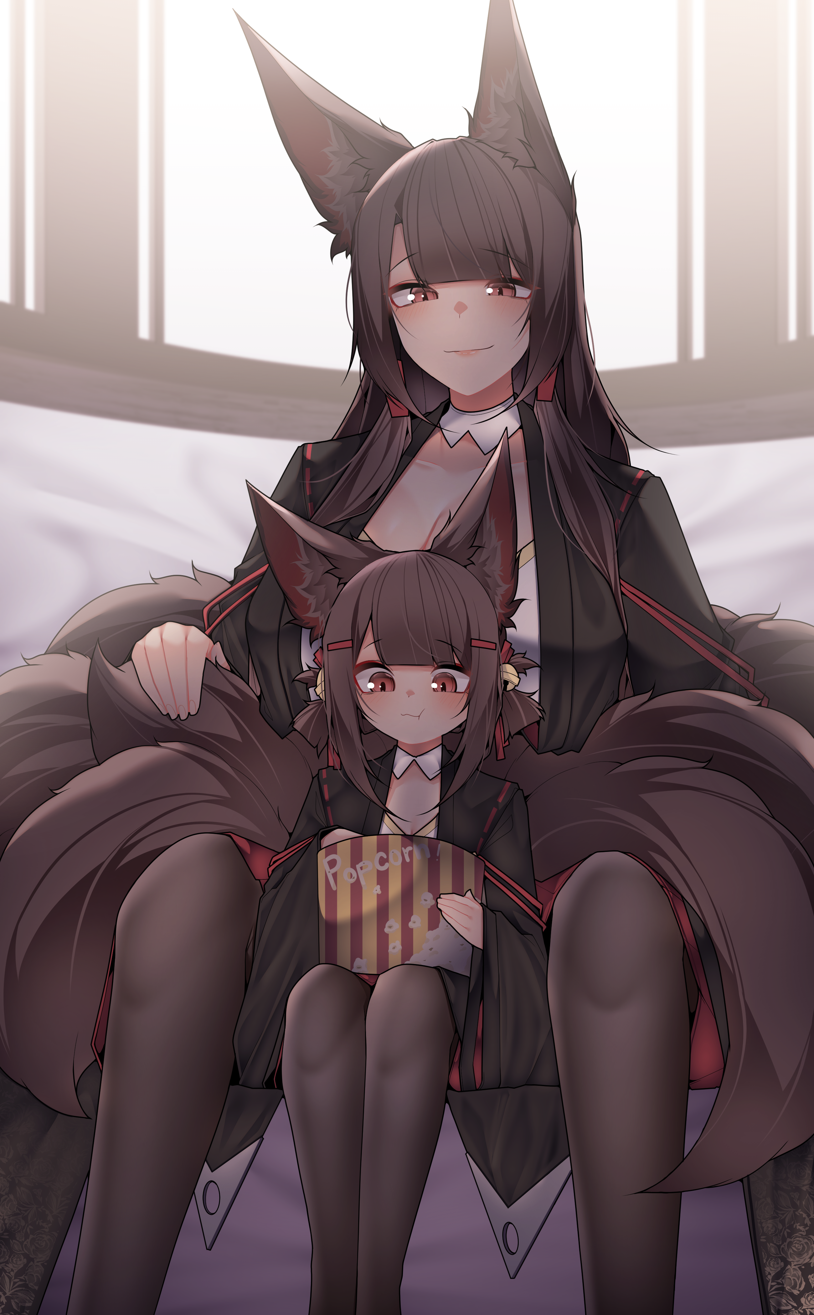 samip, akagi-chan (azur lane), akagi (azur lane), azur lane, absurdres, commentary, highres, 2girls, animal ears, black kimono, black pantyhose, breasts, brown hair, closed mouth, dated commentary, food, fox ears, fox girl, fox tail, hair ornament, japanese clothes, kimono, kitsune, kyuubi, long hair, looking at viewer, mother and daughter, multiple girls, multiple tails, pantyhose, popcorn, red eyes, sitting, smile, tail