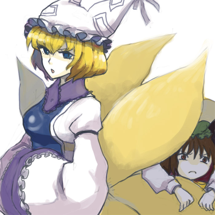 eeyasu, chen, yakumo ran, touhou, 2girls, blonde hair, blue eyes, brown eyes, brown hair, female focus, fox tail, frown, hat, multiple girls, multiple tails, short hair, tail