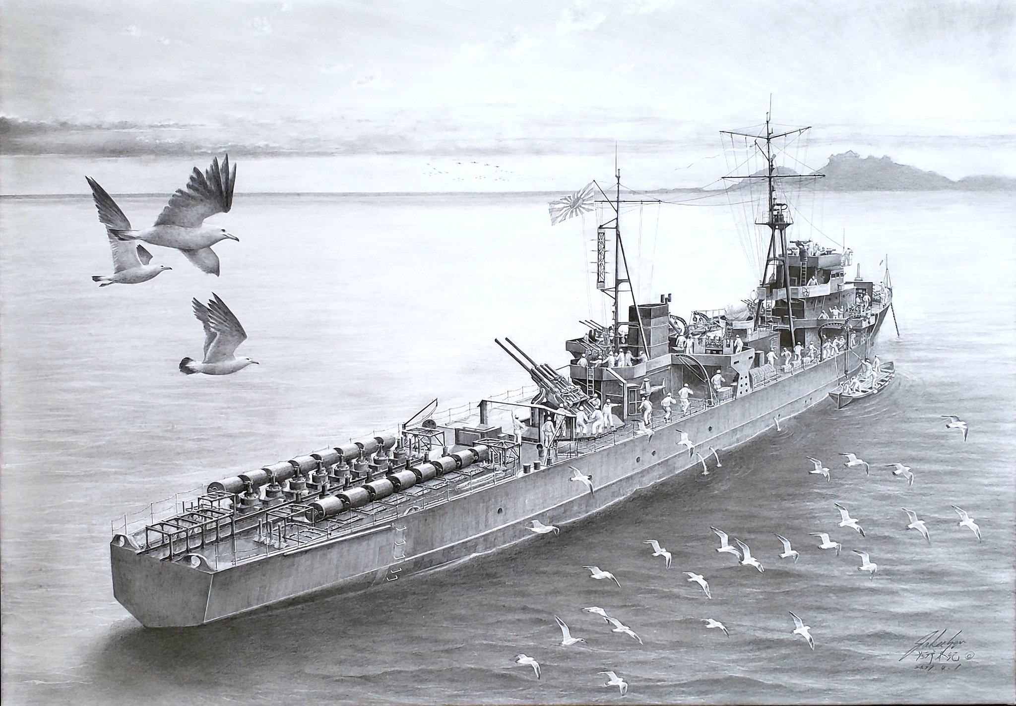 jakee-sgn, original, commentary request, graphite (medium), highres, traditional media, 6+boys, bird, black-tailed gull, cannon, clear sky, depth charge, flock, imperial japanese navy, inagi (escort ship), mast, military vehicle, monochrome, multiple boys, ocean, rising sun flag, ship, sky, sunburst, vehicle focus, warship, watercraft
