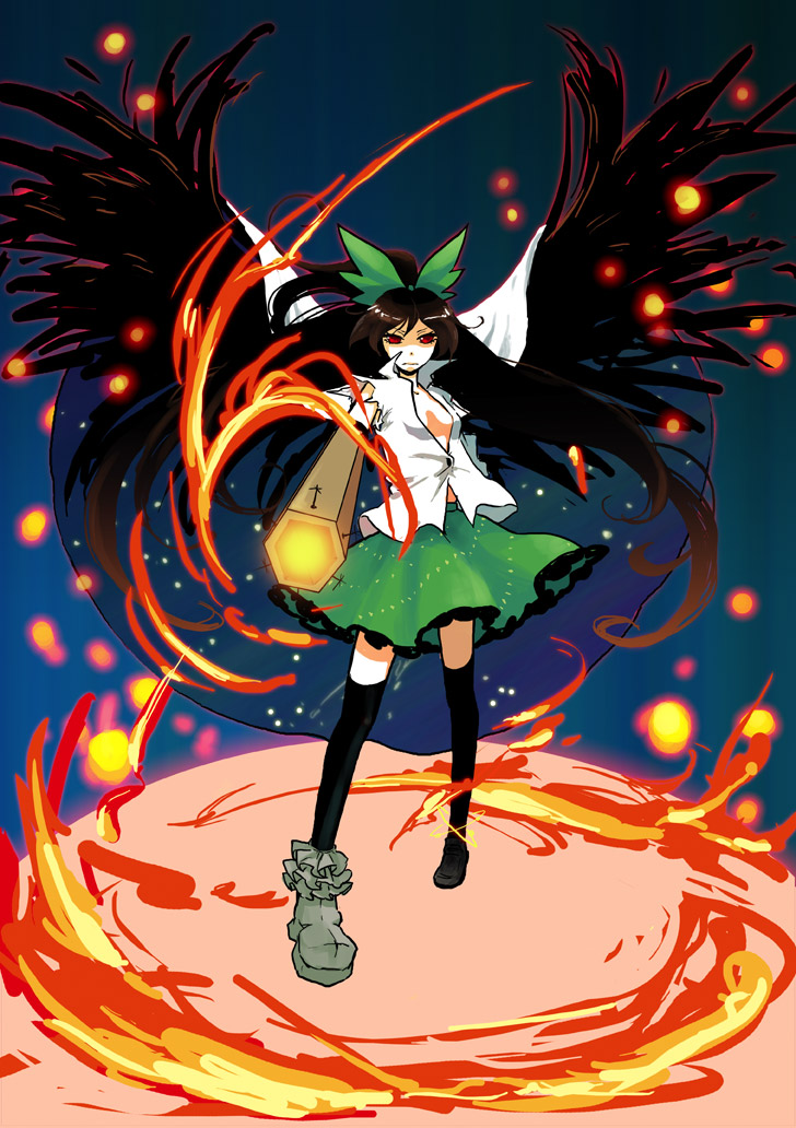 eeyasu, reiuji utsuho, touhou, 1girl, asymmetrical clothes, asymmetrical footwear, bow, brown hair, cape, female focus, hair bow, long hair, mismatched footwear, solo, thighhighs, wings