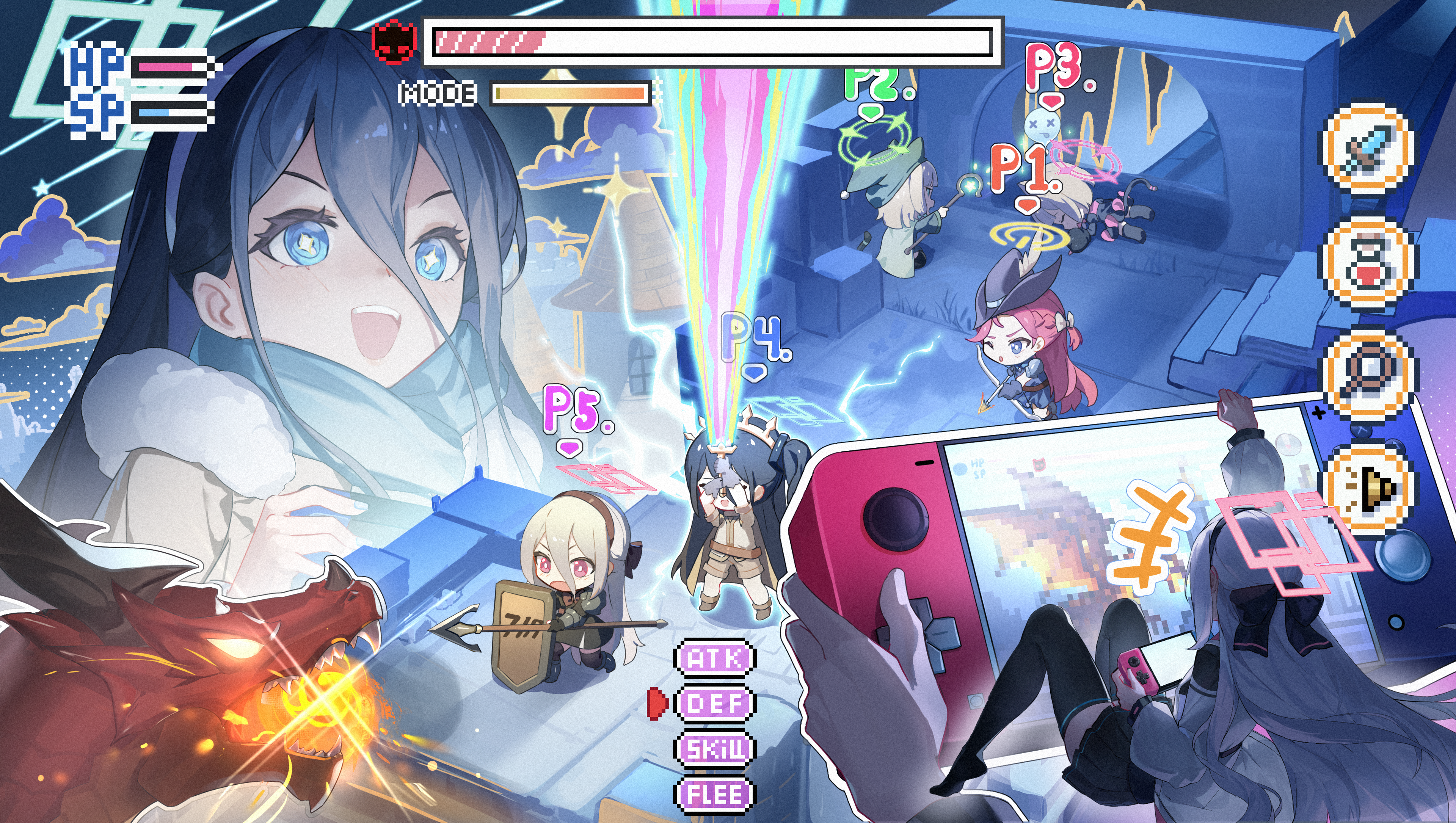 super h2o, aris (blue archive), kei (blue archive), kei (new body) (blue archive), midori (blue archive), momoi (blue archive), yuzu (blue archive), blue archive, absurdres, highres, + +, 5girls, alternate costume, arrow (projectile), black bow, black gloves, black hair, black hairband, black skirt, black thighhighs, black vest, blue scarf, blush, bow, bow (weapon), braid, breath weapon, breathing fire, castle, dragon, energy sword, fake tail, fire, gloves, hair between eyes, hair bow, hairband, halo, handheld game console, hat, headband, health bar, holding, holding arrow, holding bow (weapon), holding handheld game console, holding polearm, holding shield, holding sword, holding wand, holding weapon, jacket, long hair between eyes, multicolored jacket, multiple girls, open mouth, polearm, rectangular halo, red eyes, red hair, red halo, ringed eyes, scarf, shield, sitting, skirt, smile, sword, tail, teeth, thighhighs, two-tone jacket, upper teeth only, vest, wand, weapon, white hair, witch hat, zettai ryouiki