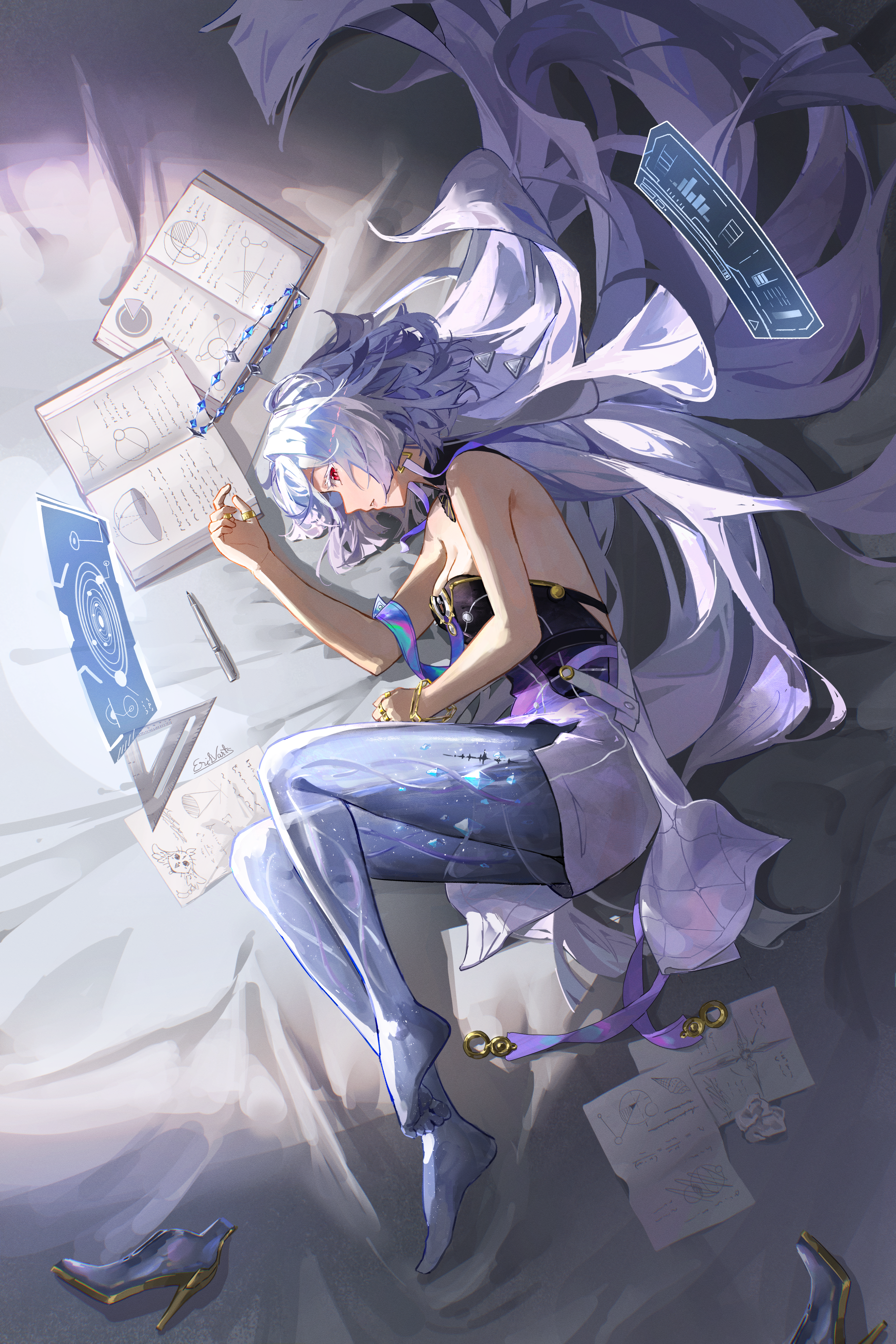 erikvarts, mornye (wuthering waves), wuthering waves, absurdres, commentary, english commentary, highres, 1girl, bare shoulders, barefoot, book, breasts, crumpled paper, dress, earrings, from above, grey hair, hair spread out, halo, hand up, high heels, holographic interface, jewelry, long hair, looking at viewer, lying, medium breasts, no jacket, on side, open book, parted lips, purple dress, red eyes, see-through body, shoes, sideways glance, solo, tacet mark (wuthering waves), triangle earrings, unworn shoes, very long hair
