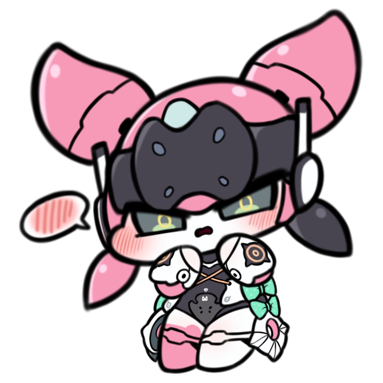 otu (o2h2 oh4), aria (zenless zone zero), zenless zone zero, highres, 1girl, blush, bow, chibi, chibi only, full body, green bow, green eyes, hands up, humanoid robot, looking at viewer, open mouth, robot, robot girl, simple background, solo, spoken blush, standing, white background