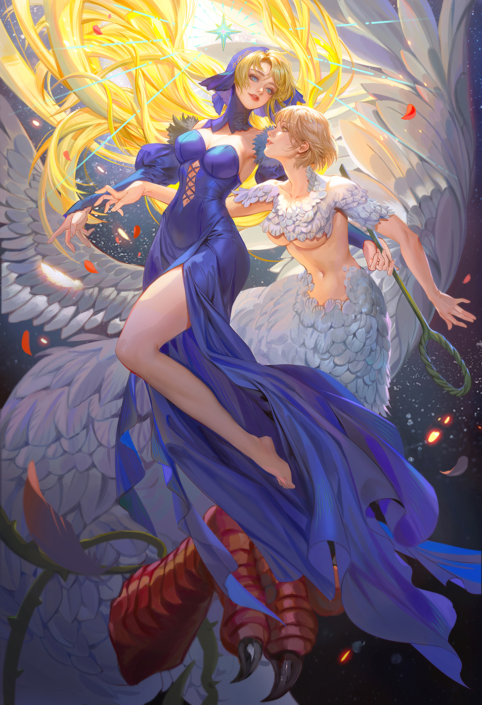 fan yang (jiuge), falin touden, falin touden (chimera), marcille donato, marcille donato (lord), dungeon meshi, commentary, english commentary, highres, 2girls, ambrosia (dungeon meshi), armpit crease, bare shoulders, barefoot, black dress, blonde hair, blue dress, blue hood, blue sleeves, body fur, breasts, centauroid, chimera, claws, cleavage, clothing cutout, detached hood, detached sleeves, dress, ear covers, elf, feathered wings, feathers, floating, floating hair, full body, fur trim, green eyes, hair between eyes, holding, holding staff, large breasts, long hair, looking at another, monster girl, multiple girls, navel, navel cutout, parted bangs, parted lips, pointy ears, red scales, short hair, sidelocks, smile, staff, stomach, strapless, strapless dress, taur, underboob, white feathers, white fur, wings, yellow eyes