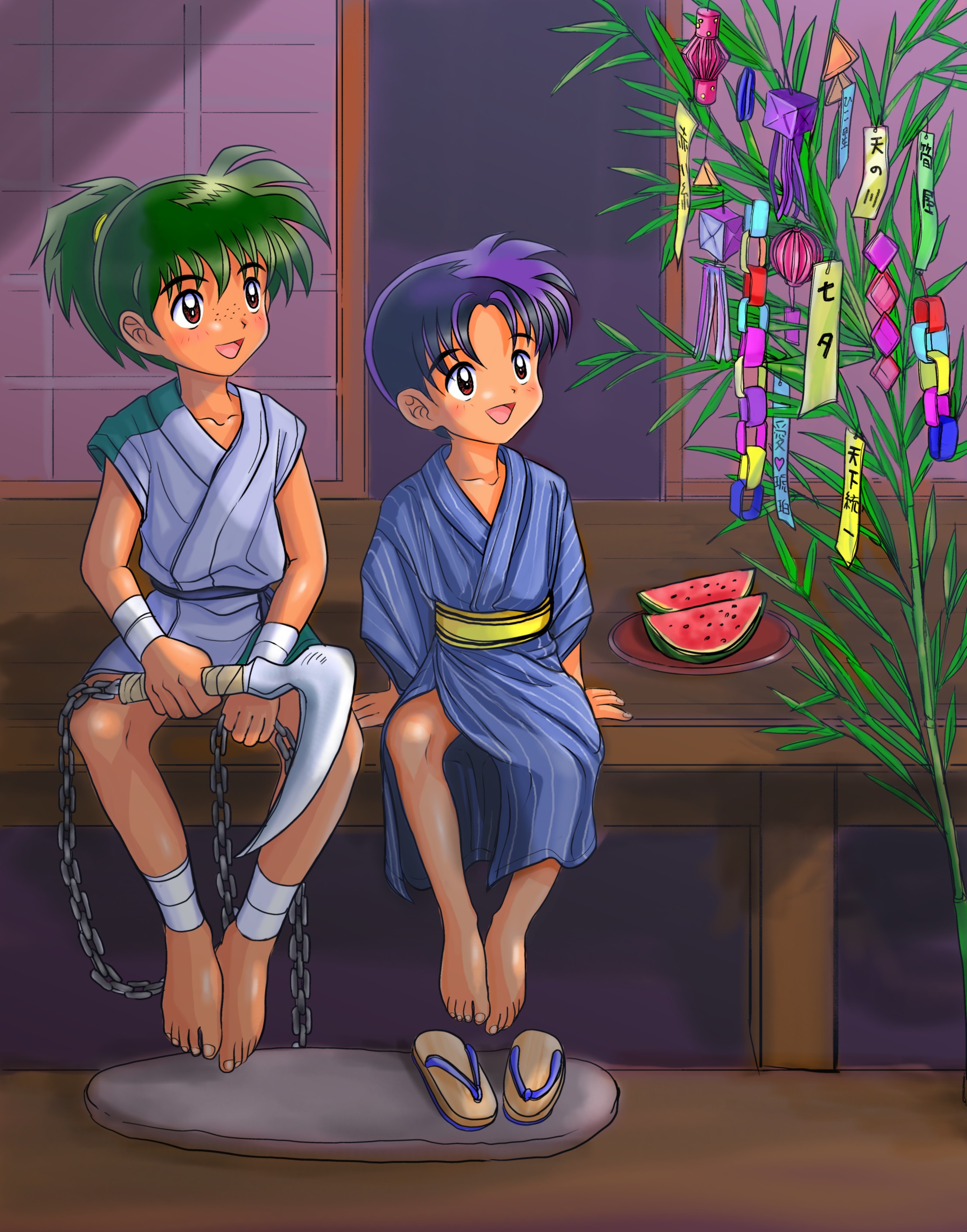 takenokoya, higurashi sota, kohaku (inuyasha), inuyasha, absurdres, highres, 2boys, food, fruit, japanese clothes, kimono, kusarigama, male focus, multiple boys, sandals, shota, sickle, tanabata, unworn sandals, watermelon, weapon