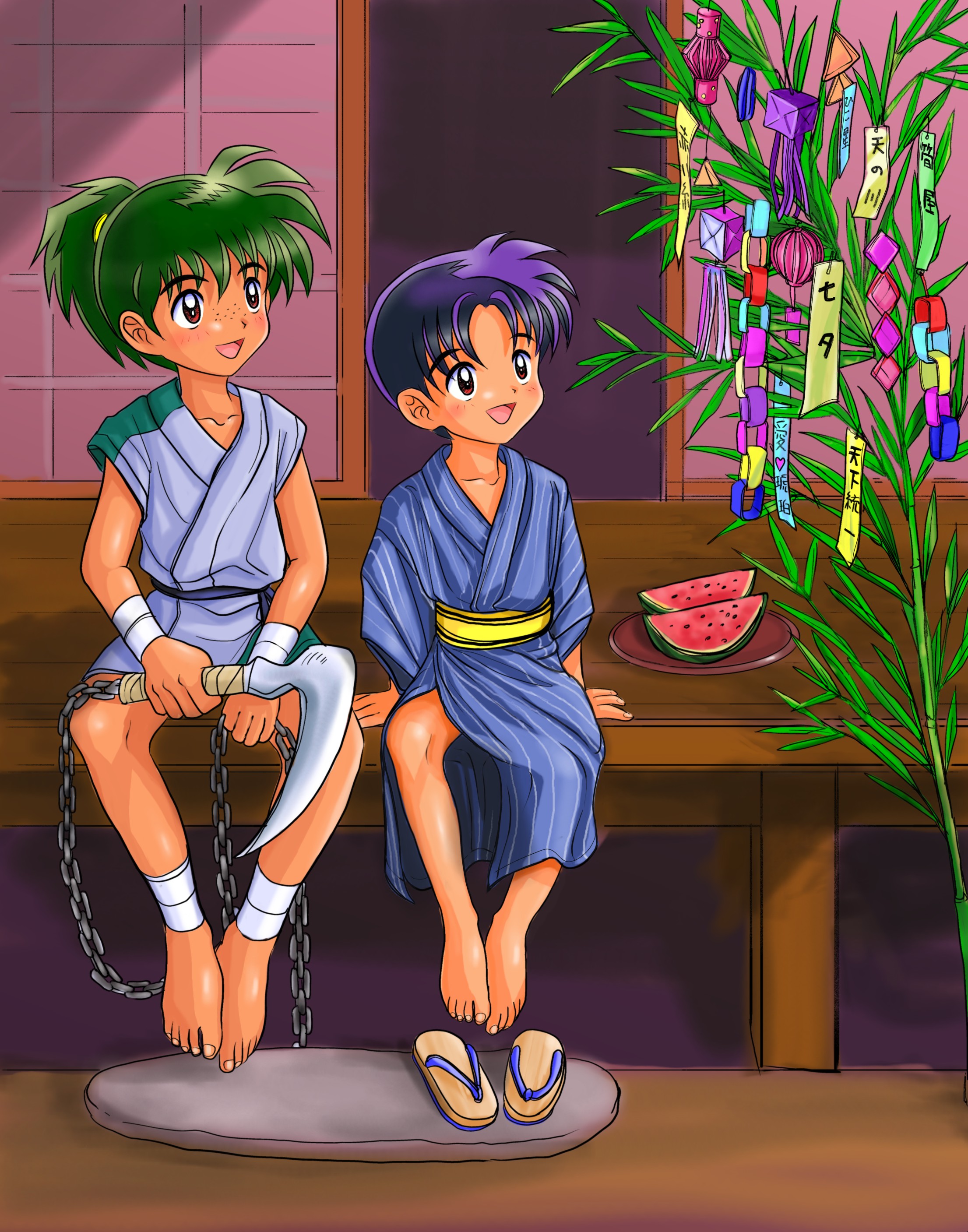 takenokoya, higurashi sota, kohaku (inuyasha), inuyasha, absurdres, highres, 2boys, barefoot, food, fruit, japanese clothes, japanese veranda, kimono, kusarigama, male focus, multiple boys, sandals, shota, sickle, tanabata, unworn sandals, watermelon, weapon
