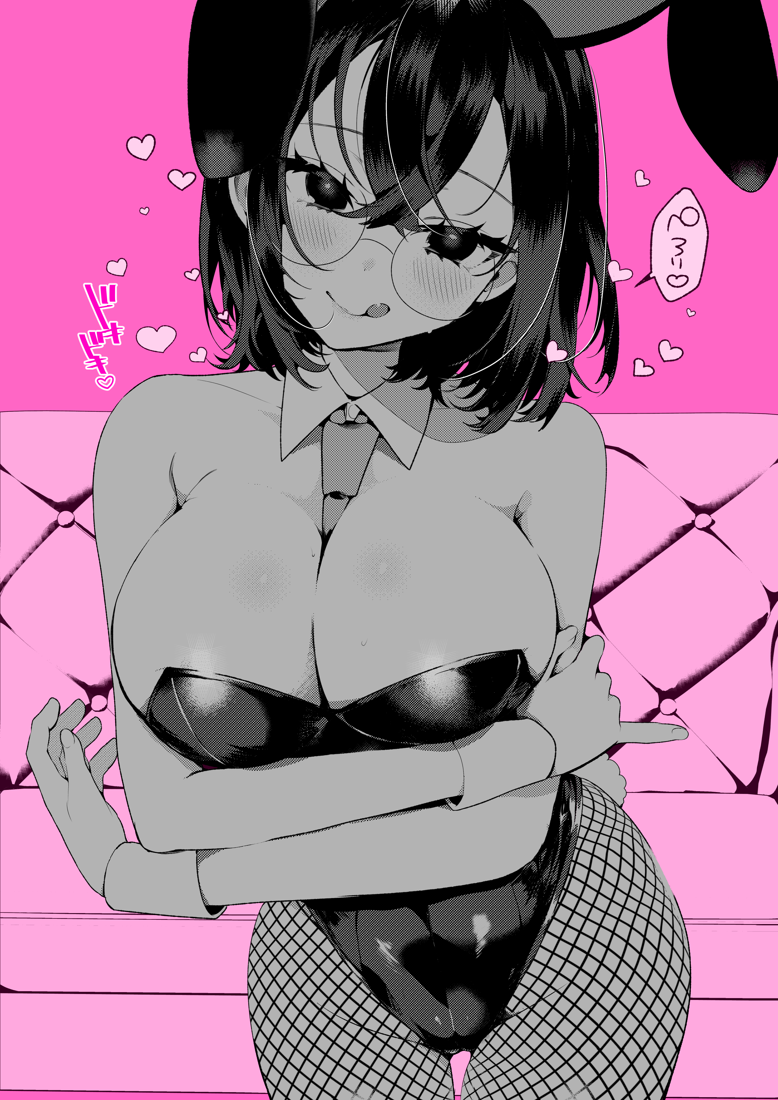 ouchi kaeru, koi to senrigan to aonisai, absurdres, character request, commentary request, highres, 1girl, :q, animal ears, bare shoulders, between breasts, blush, breasts, cleavage, collarbone, detached collar, fishnet pantyhose, fishnets, glasses, greyscale with colored background, heart, leotard, necktie, necktie between breasts, pantyhose, pink background, playboy bunny, rabbit ears, rabbit tail, short hair, solo, speech bubble, strapless, strapless leotard, tail, thigh gap, tongue, tongue out, wrist cuffs