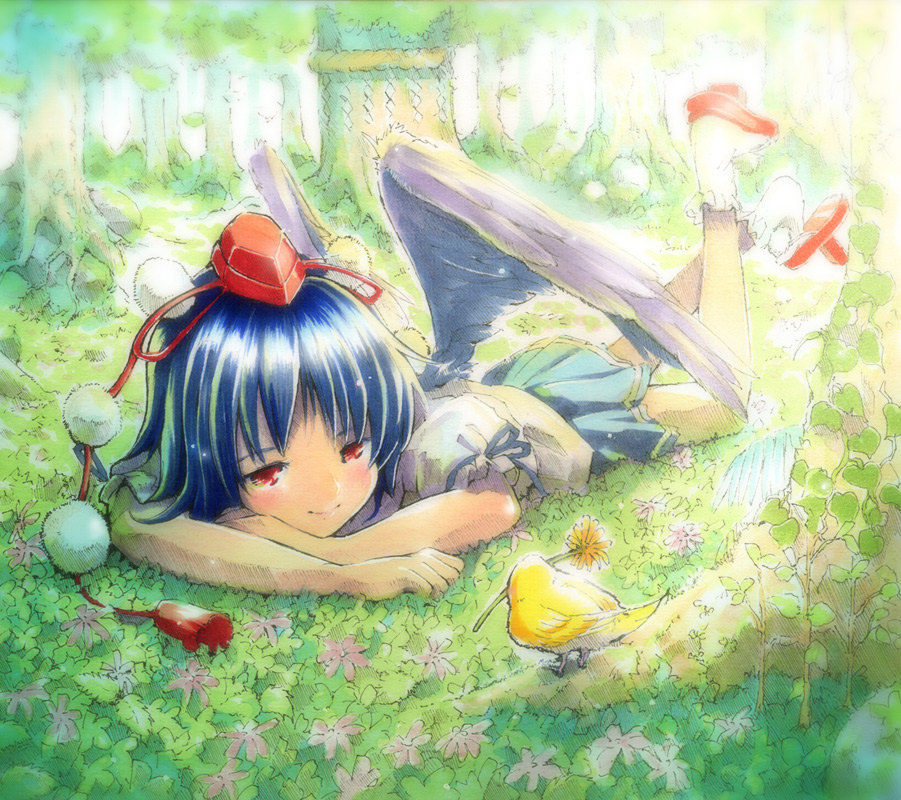 mayo riyo, shameimaru aya, touhou, looking away, bad id, bad pixiv id, marker (medium), mixed media, pastel (medium), traditional media, 1girl, bird, black hair, black wings, blush, female focus, geta, hat, lying, on stomach, pastels, red eyes, shide, shoe dangle, short hair, smile, solo, tokin hat, wings