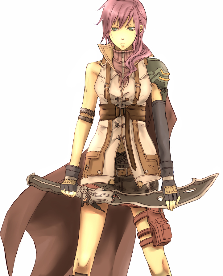 minami (die glut), lightning farron, final fantasy, final fantasy xiii, bad id, bad pixiv id, 10s, 1girl, armband, armor, asymmetrical clothes, belt, cape, elbow gloves, female focus, fingerless gloves, gloves, green eyes, long hair, miniskirt, pink hair, skirt, sleeveless, sleeveless turtleneck, solo, southerly, strap, sword, thigh strap, turtleneck, weapon