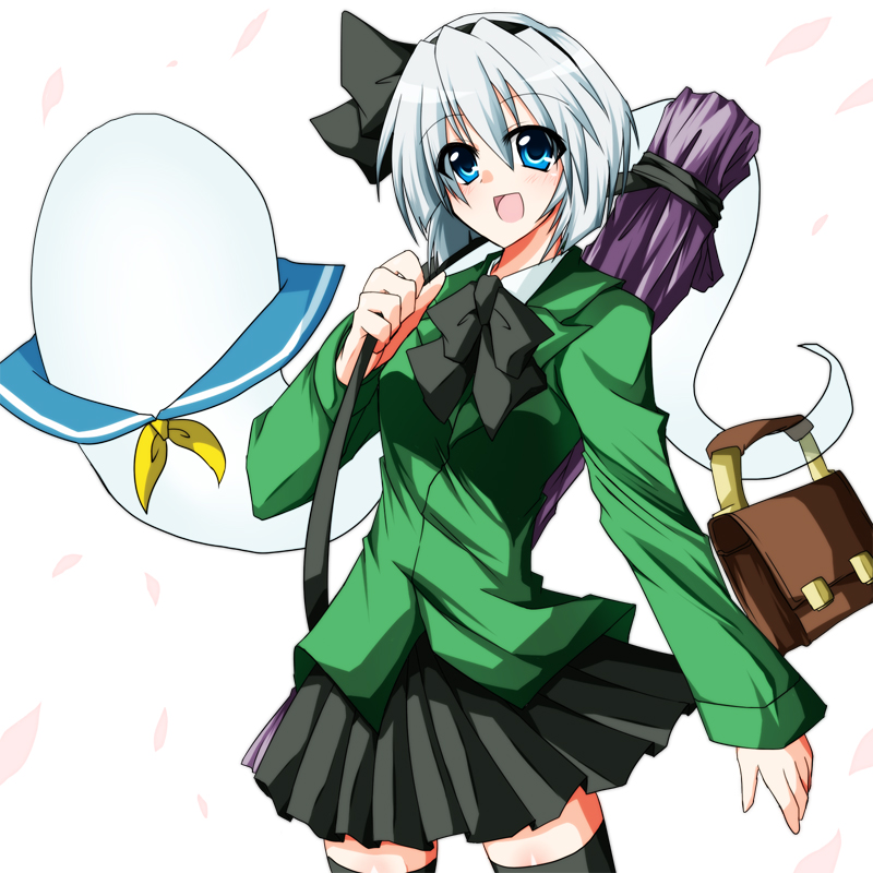 kouzuki (shangorilla), konpaku youmu, konpaku youmu (ghost), touhou, silver hair, 1girl, alternate costume, blue eyes, female focus, hairband, sailor collar, school uniform, short hair, skirt, solo, thighhighs, white background, zettai ryouiki