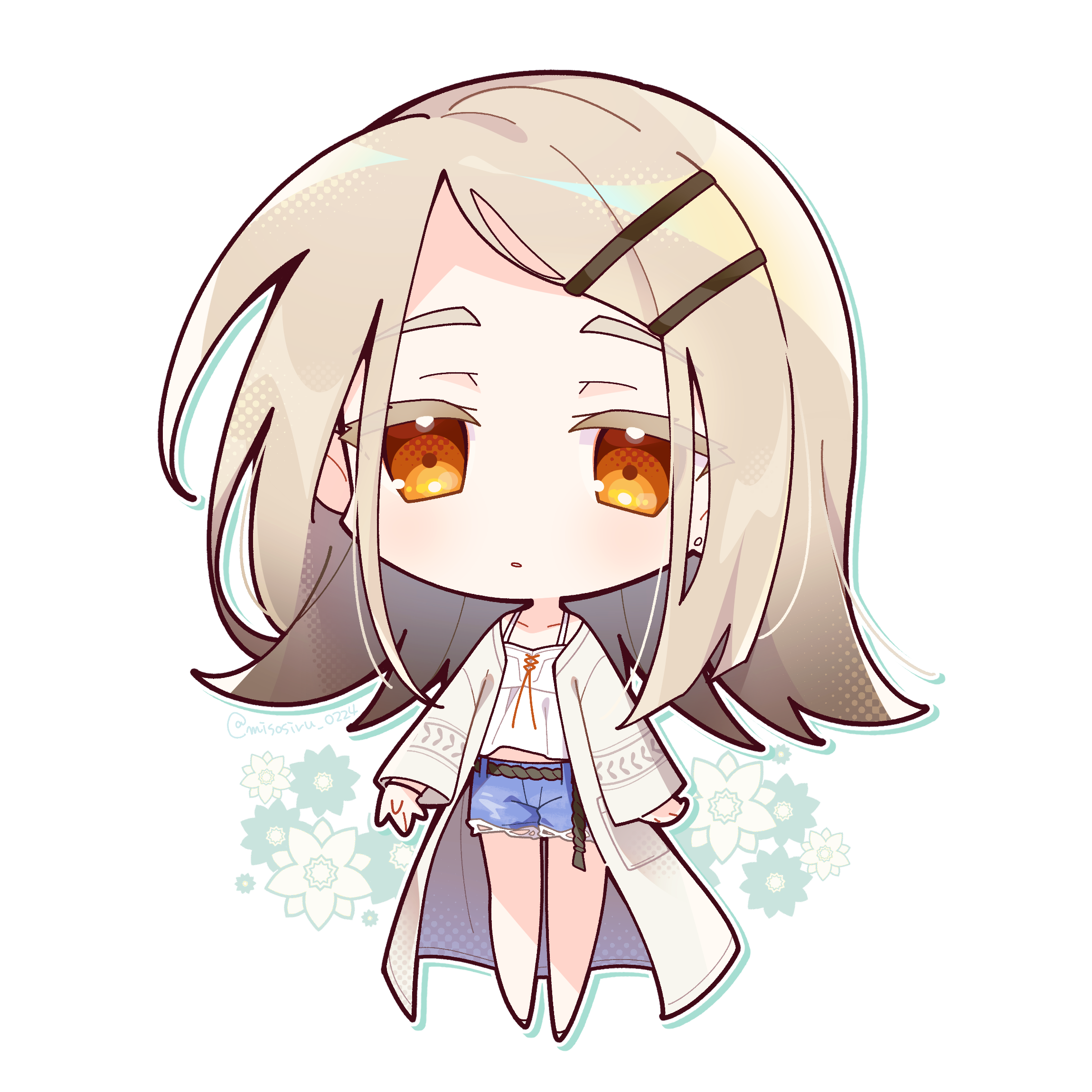 misosiru 0224, shinosawa hiro, gakuen idolmaster, idolmaster, commentary, highres, 1girl, arms at sides, belt, black belt, blonde hair, blue shorts, camisole, chibi, chibi only, collarbone, colored eyelashes, denim, denim shorts, drop shadow, earrings, flipped hair, full body, gradient hair, grey hair, hair ornament, hairclip, jewelry, long hair, long sleeves, looking at viewer, midriff peek, multicolored hair, open clothes, open robe, orange eyes, parallel hairclips, parted lips, robe, rope belt, shorts, solo, standing, stud earrings, white background, white camisole, white robe, wide sleeves, wristband