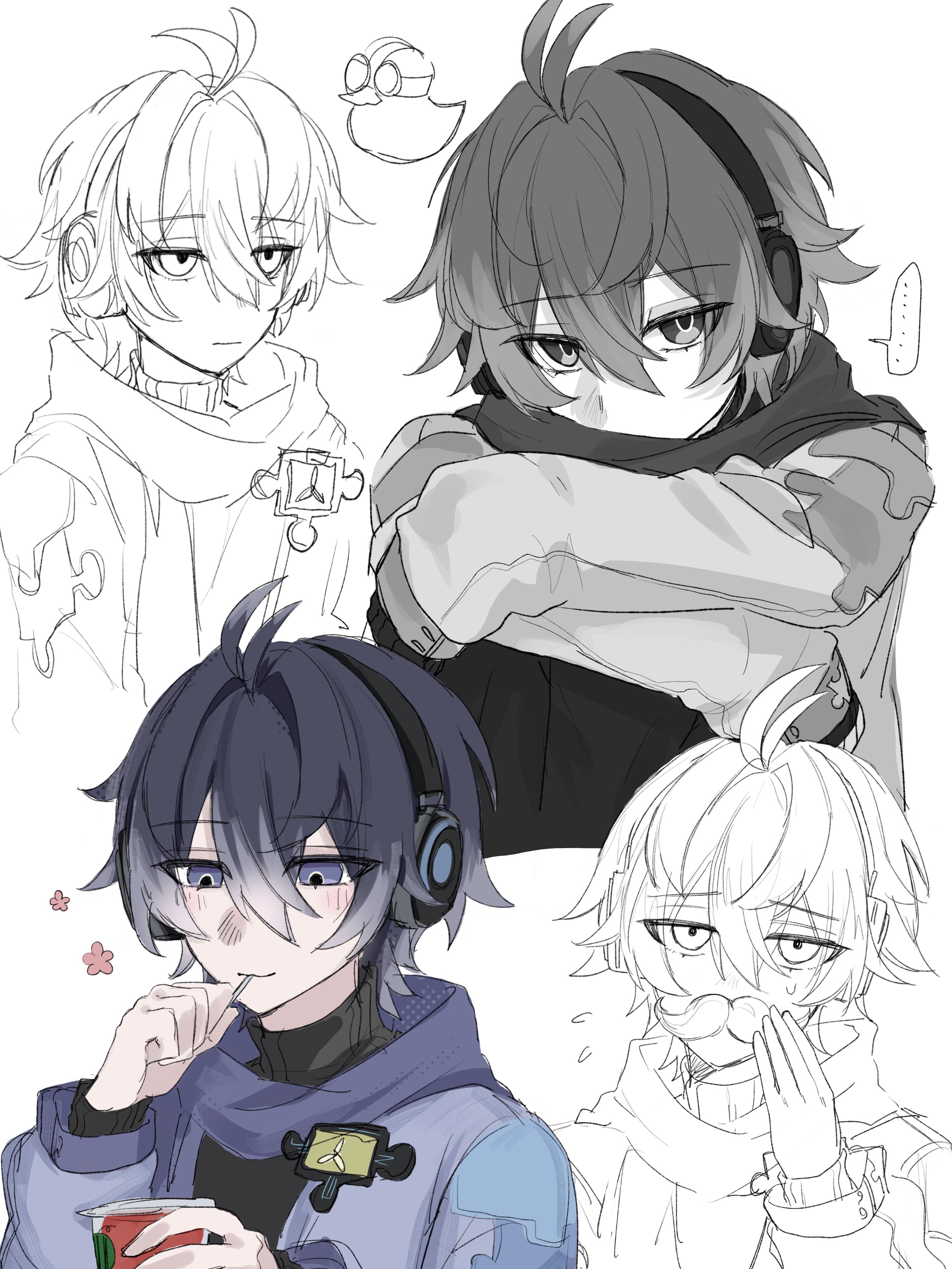 honkai: star rail, honkai (series), absurdres, commentary request, highres, 1boy, antenna hair, badge, blue hair, eating, fake facial hair, fake mustache, gradient hair, haikure 3, hair between eyes, headphones, jacket, long sleeves, male focus, multicolored hair, multiple expressions, partially colored, purple eyes, rubber duck, short hair, stephen lloyd (honkai: star rail), turtleneck