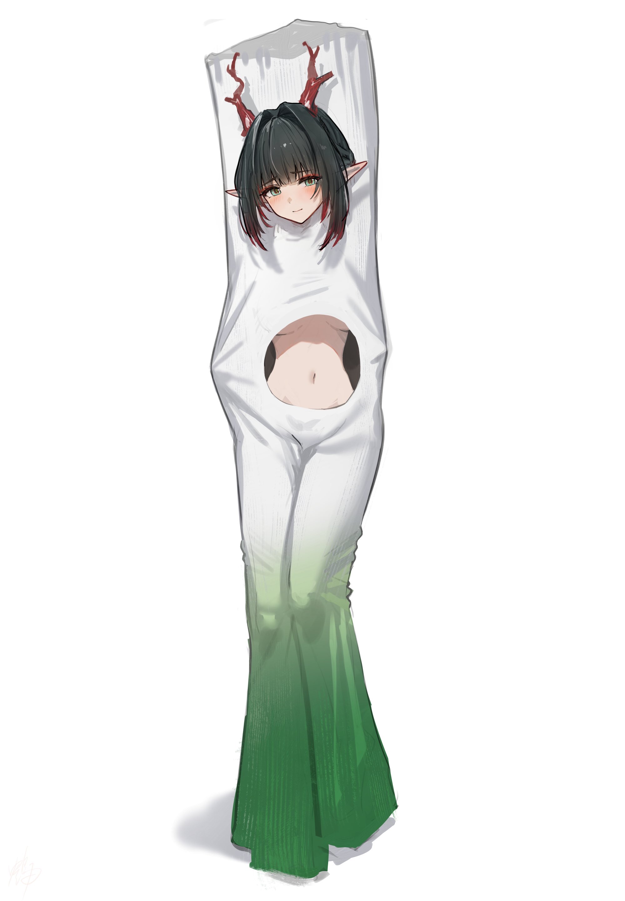 hidulume, zhuang fangyi (arknights), arknights, arknights: endfield, absurdres, highres, 1girl, blush, breasts, closed mouth, dragon horns, food costume, full body, green eyes, horns, looking at viewer, medium breasts, multicolored hair, naked costume, navel, pointy ears, red horns, sidelocks, simple background, smile, solo, spring onion, standing, stomach, streaked hair, white background