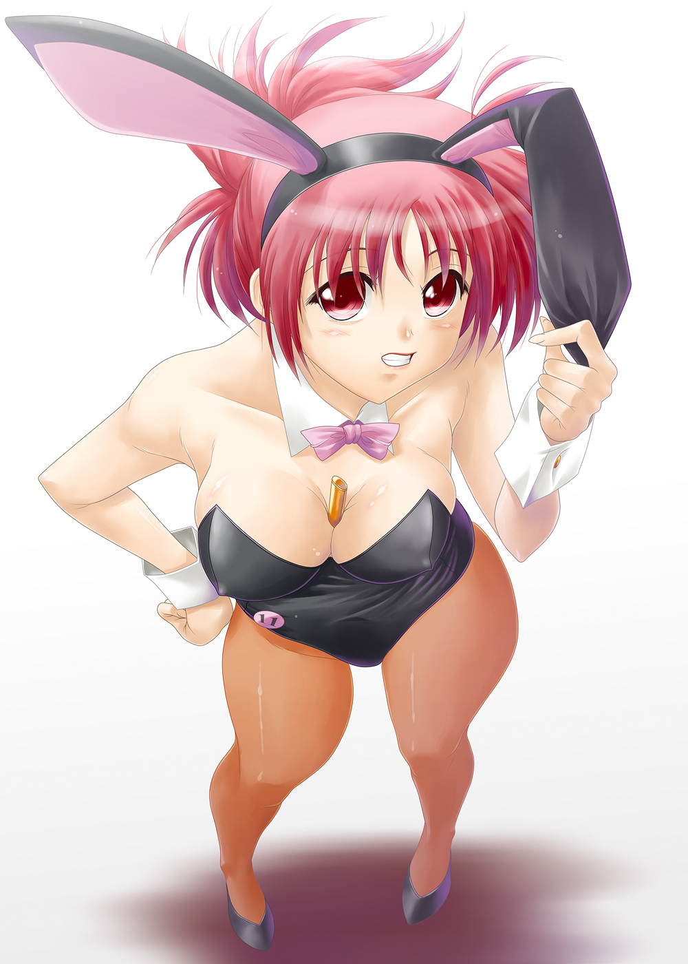 ayato, numbers (nanoha), wendi (nanoha), lyrical nanoha, mahou shoujo lyrical nanoha, mahou shoujo lyrical nanoha strikers, bad id, bad pixiv id, highres, 00s, 1girl, animal ears, between breasts, bow, bowtie, breasts, covered erect nipples, fake animal ears, female focus, large breasts, pantyhose, playboy bunny, rabbit ears, red eyes, red hair, solo, wrist cuffs