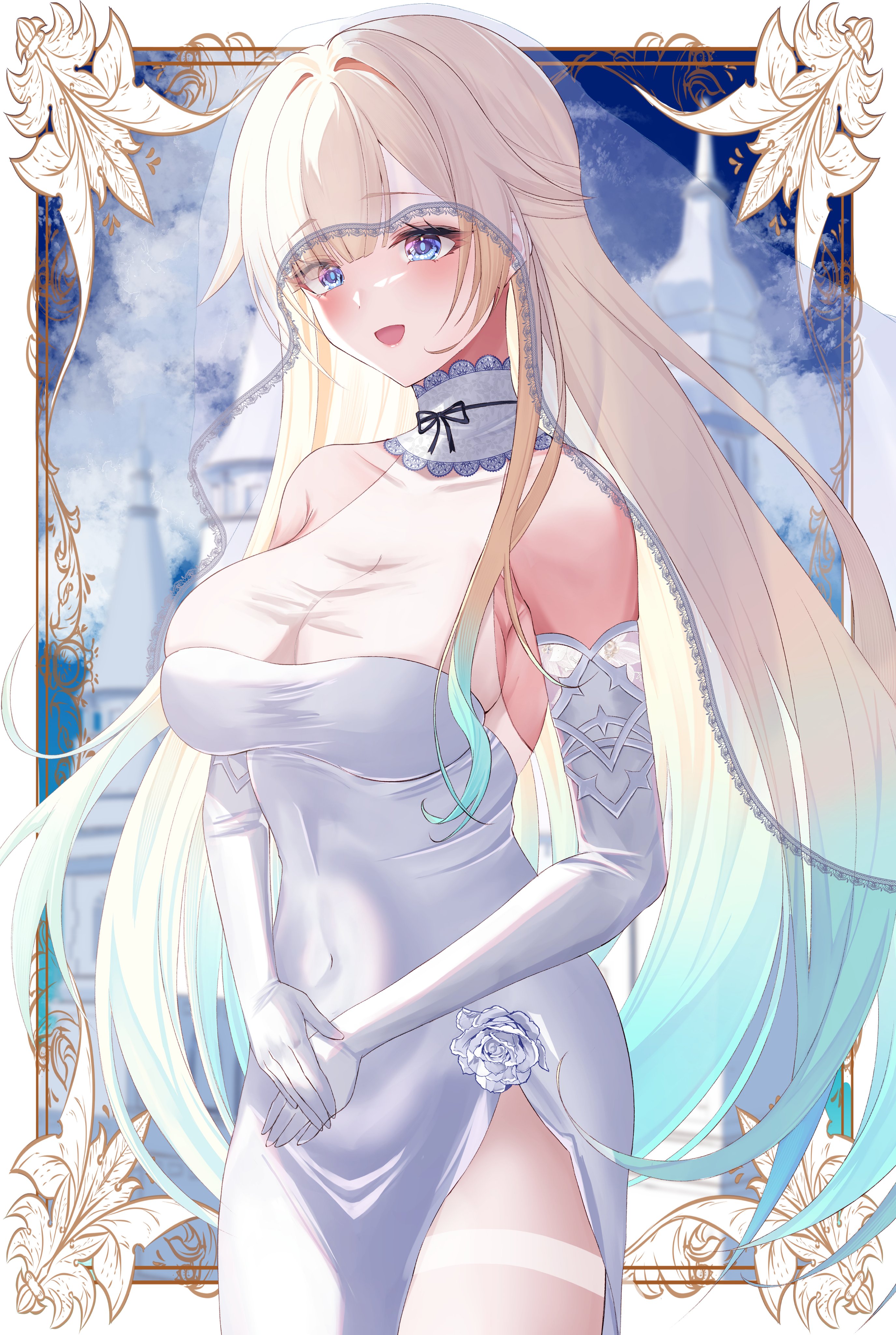 kaeha, aizawa ema, vspo!, absurdres, commentary request, highres, 1girl, blonde hair, blue eyes, blue hair, blush, breasts, covered navel, dress, elbow gloves, flower, gloves, gradient hair, long hair, multicolored hair, open mouth, rose, see-through cleavage, see-through clothes, side slit, smile, solo, thighhighs, virtual youtuber, white dress, white flower, white gloves, white rose