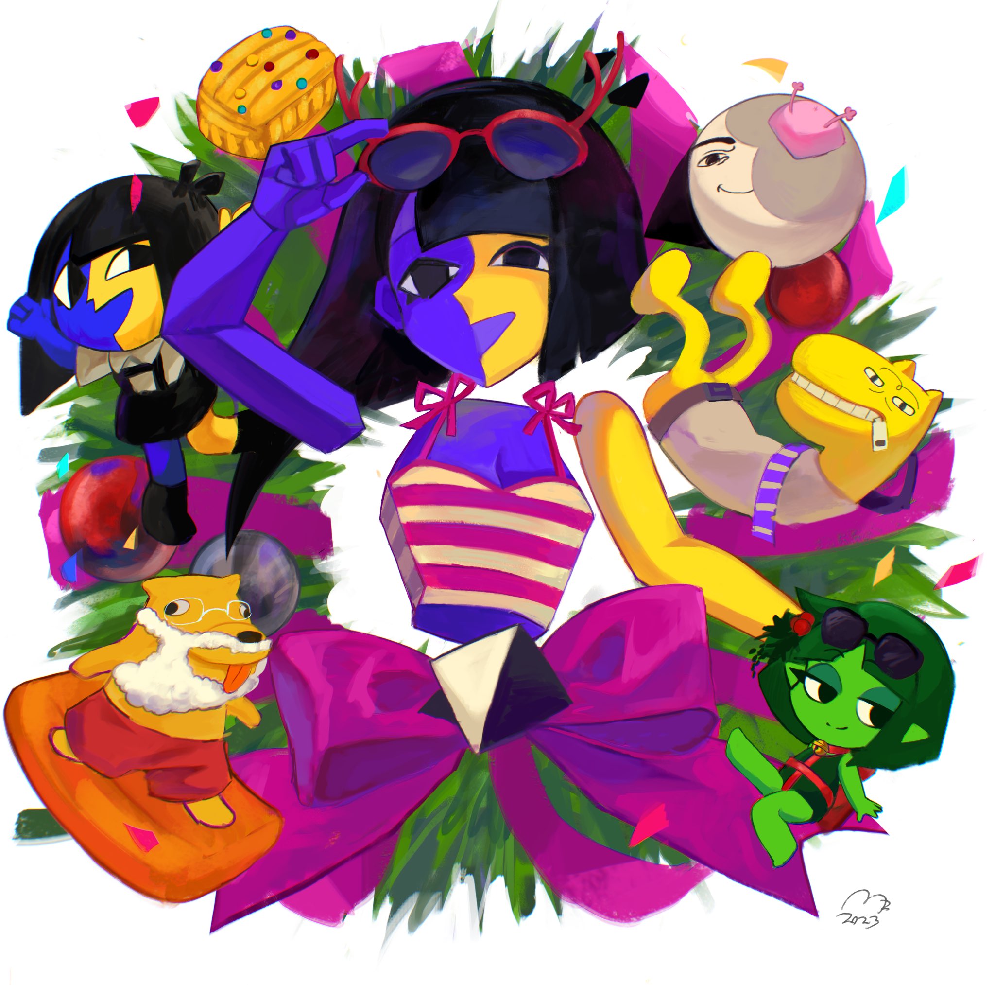 usagimarumei, ena (ena), happy ena, hourglass dog, margo (joel g), moony (ena), ena (series), ena (web series), hands up!, highres, 4girls, beard, bow, breasts, chibi, chibi inset, christmas wreath, cleavage, creator connection, crossover, eyewear on head, facial hair, glasses, hair ornament, holly hair ornament, mask (ena), mezo (usagimarumei), mini person, minigirl, multiple girls, nacho (ena), shorts, sunglasses, tongue, tongue out, turron, wreath, zipper, zipper pull tab