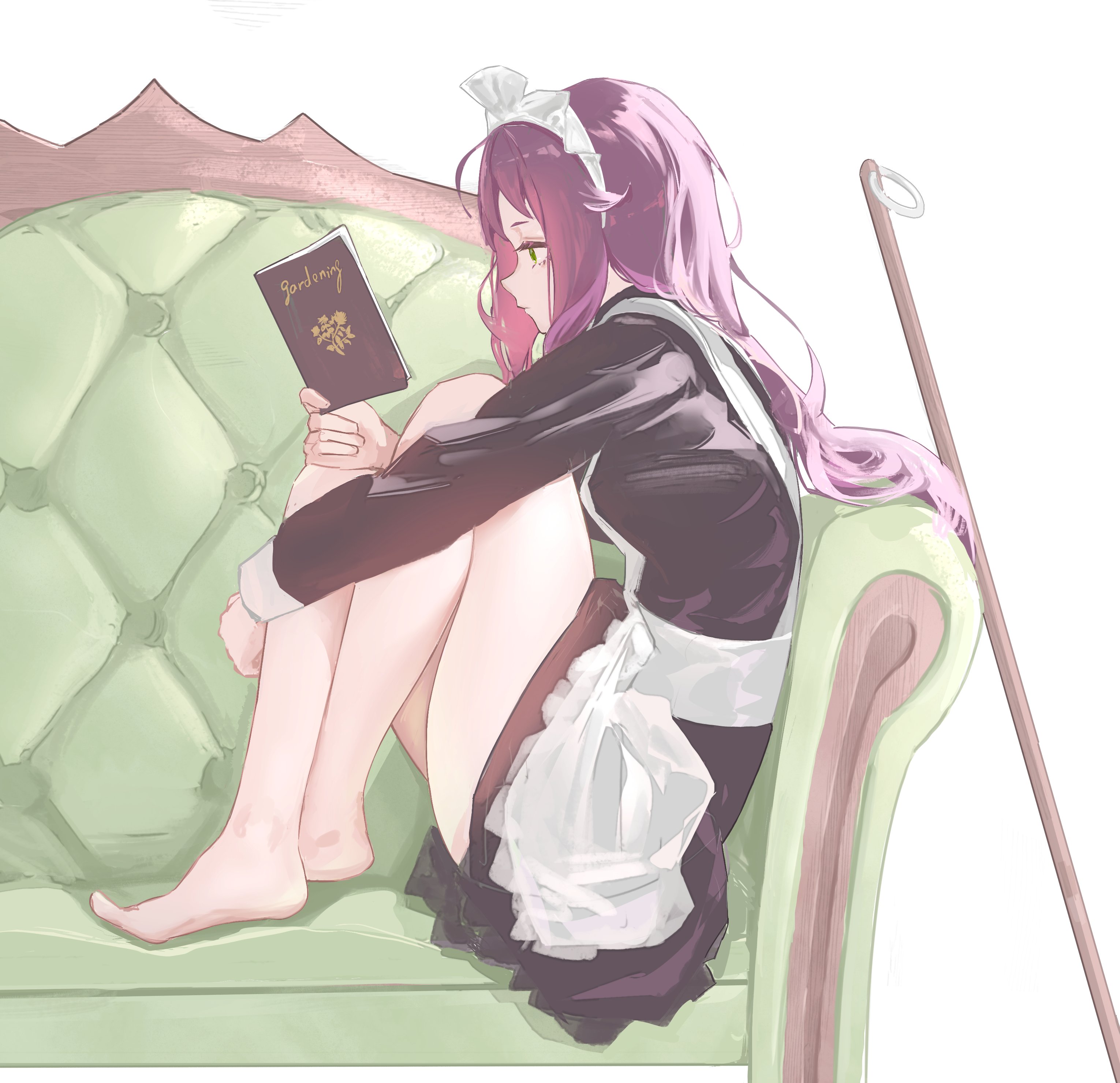ronuma, aisha greyrat, mushoku tensei, absurdres, commentary, highres, 1girl, apron, bare legs, barefoot, black sleeves, book, couch, dress, frilled apron, frilled dress, frills, from side, full body, gardening, green eyes, hand on own leg, holding, holding book, hugging own legs, knees up, long hair, long sleeves, maid, maid apron, maid headdress, on couch, open book, profile, purple hair, reading, simple background, sitting, solo, stick, thighs, white background