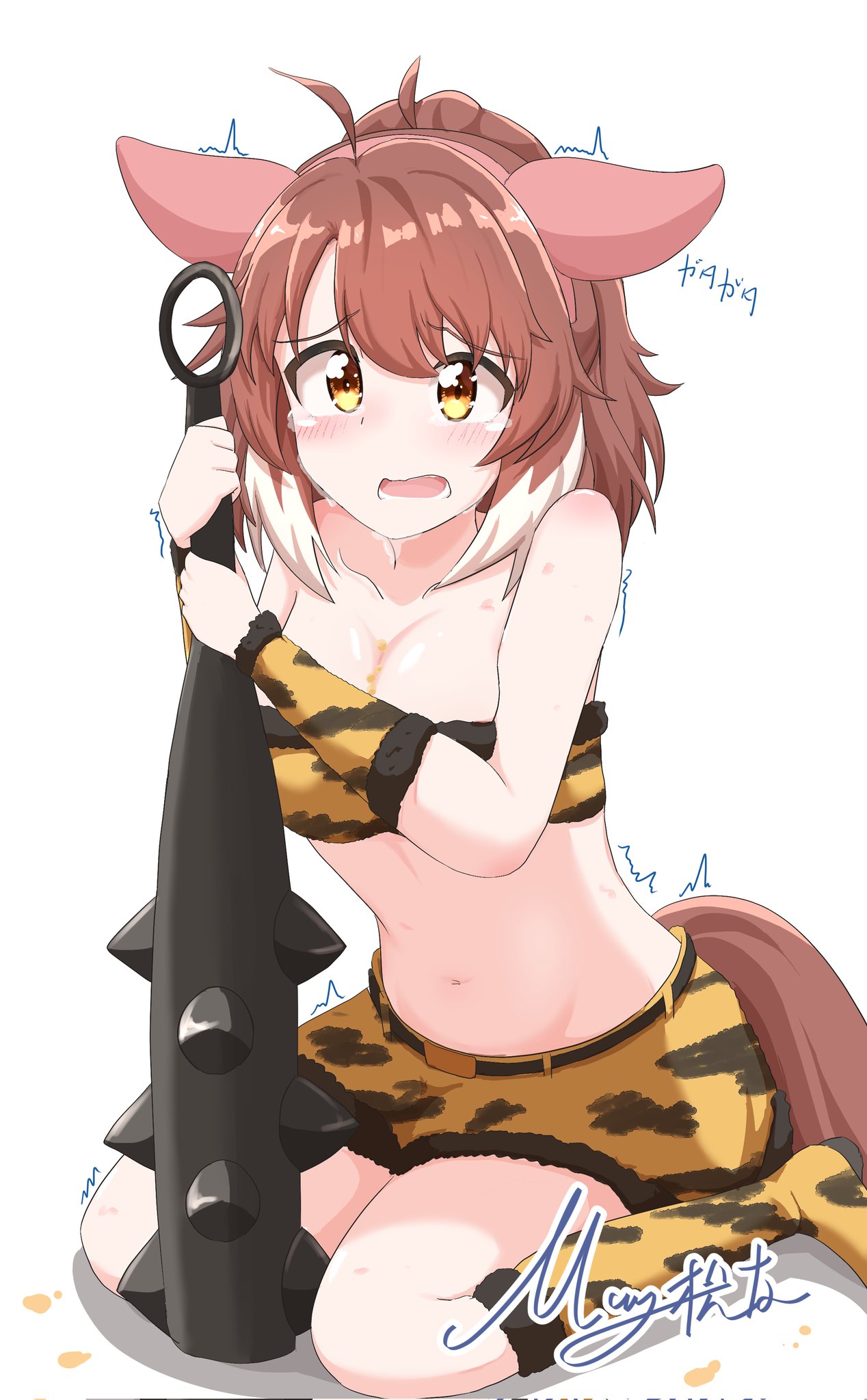 matty (matsutomo), dantsu flame (umamusume), umamusume, commentary request, highres, 1girl, alternate costume, animal ears, beans, blush, breasts, brown eyes, brown hair, cleavage, collarbone, horse ears, horse girl, horse tail, kneeling, looking at viewer, mace, medium breasts, midriff, navel, oni costume, open mouth, shaking, signature, solo, tail, tears, weapon