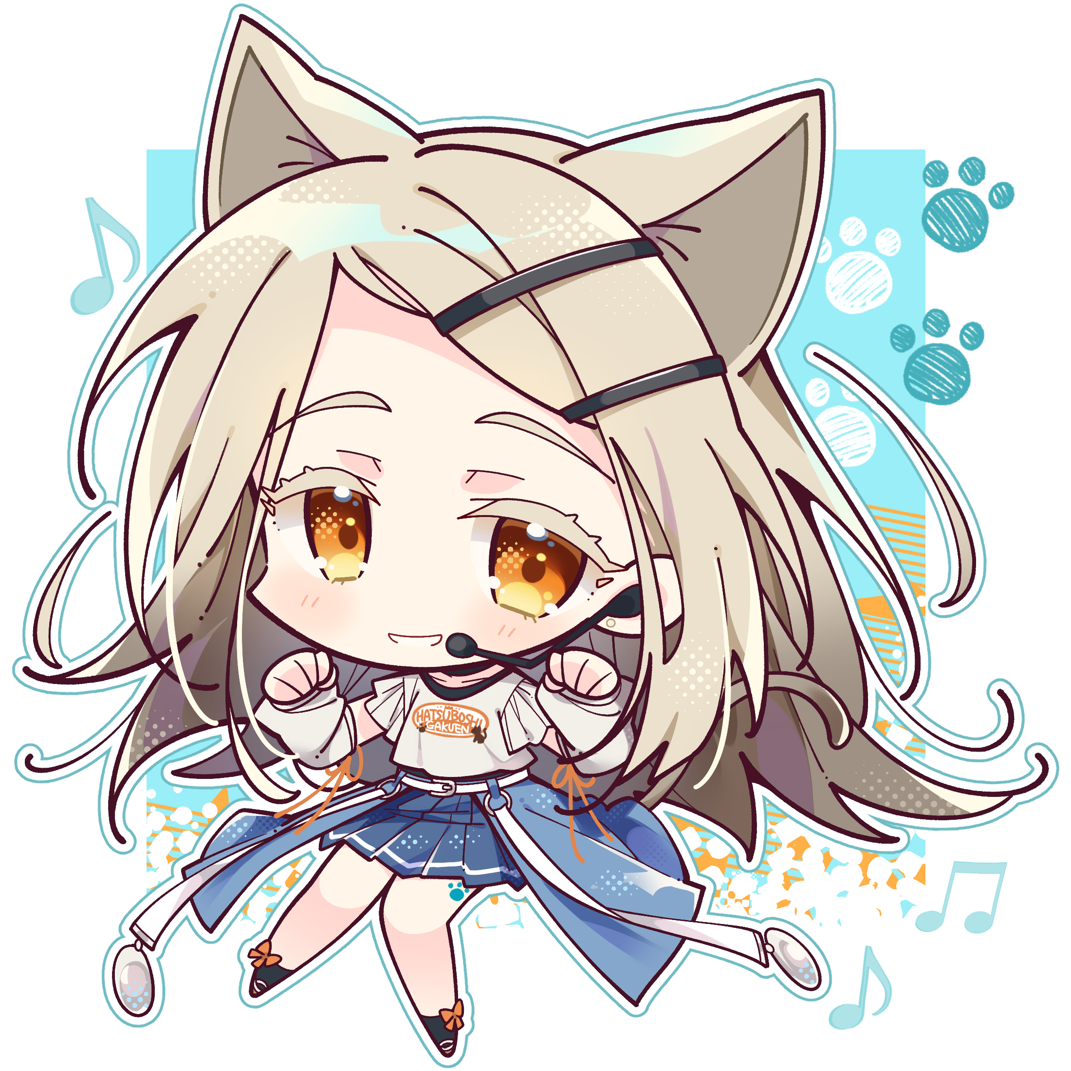 misosiru 0224, shinosawa hiro, gakuen idolmaster, idolmaster, commentary request, highres, 1girl, animal ears, blonde hair, blue background, blue skirt, blush, cat ears, cat girl, cat tail, chibi, chibi only, clothes writing, colored eyelashes, detached sleeves, earrings, flipped hair, gradient hair, grey hair, hair ornament, hairclip, headset, jewelry, kemonomimi mode, long hair, looking at viewer, miniskirt, multicolored hair, musical note, open mouth, orange eyes, orange ribbon, outline, parallel hairclips, paw print, pleated skirt, ribbon, shirt, short sleeves, showgirl skirt, skirt, smile, solo, standing, stud earrings, swept bangs, tail, white background, white outline, white shirt, white sleeves