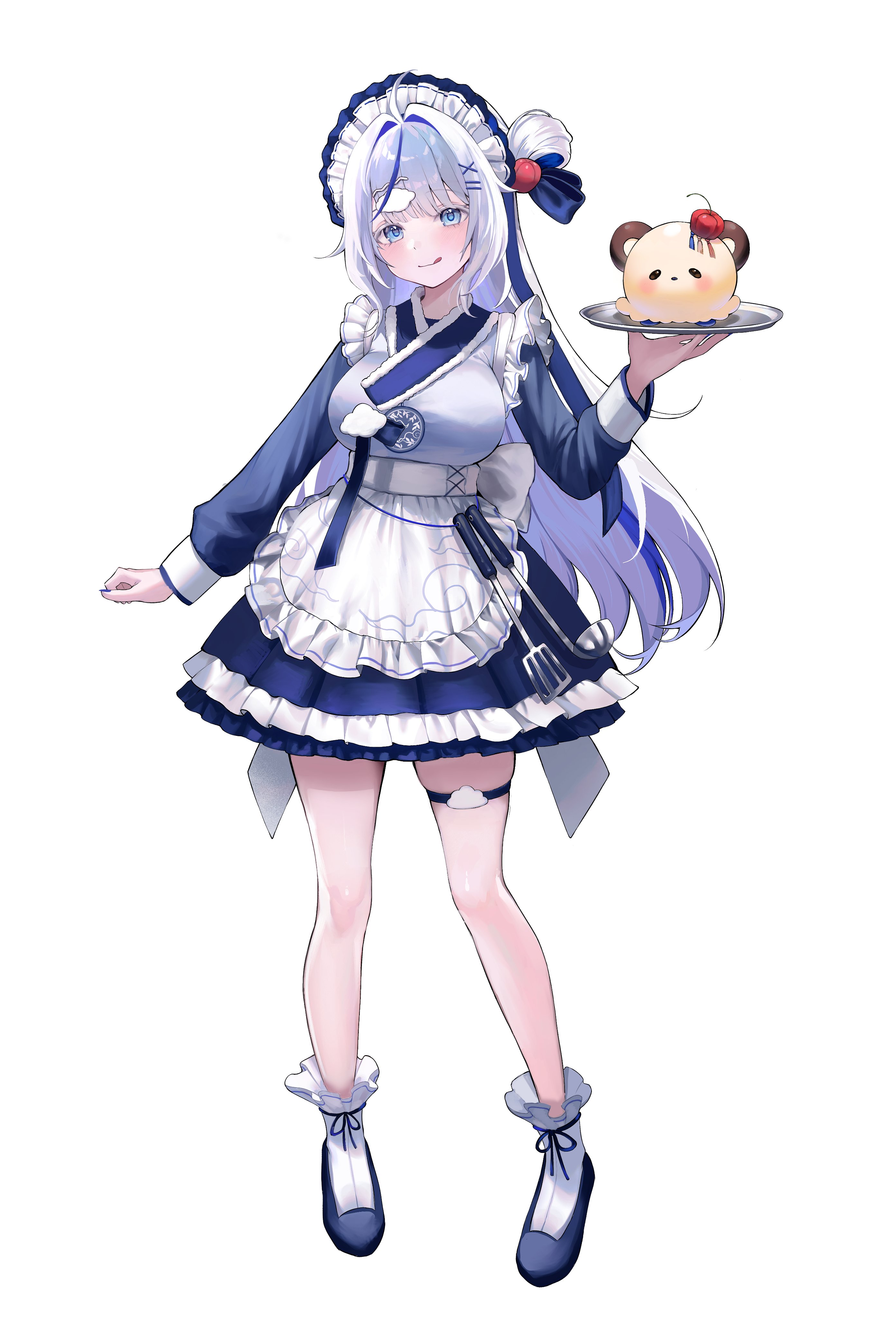 eengchi, aokumo rin, stellive, absurdres, hashtag-only commentary, highres, 1girl, ahoge, apron, blue dress, blue eyes, blue hair, blue nails, blue ribbon, blue shoes, breasts, closed mouth, cloud hair ornament, cloud print, dress, frilled apron, frilled dress, frills, full body, hair ornament, hair ribbon, hairclip, holding, holding tray, kurimi (aokumo rin), ladle, large breasts, long hair, long sleeves, maid apron, maid headdress, multicolored hair, parallel hairclips, pleated dress, ribbon, shoes, simple background, socks, spatula, streaked hair, thigh strap, tray, virtual youtuber, white apron, white background, white hair, white socks, x hair ornament