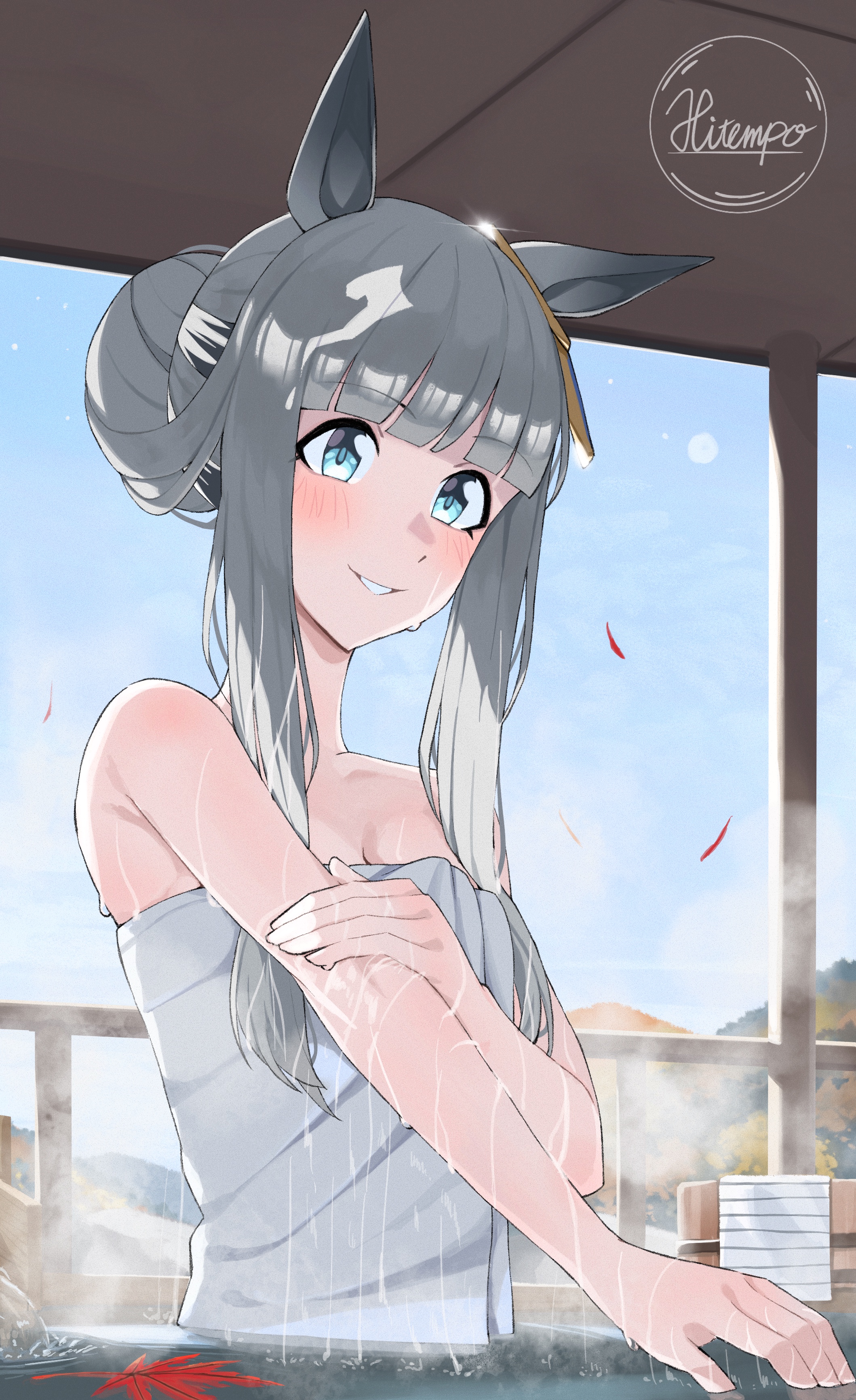 hitempo, chrono genesis (umamusume), umamusume, absurdres, commentary request, highres, 1girl, alternate hairstyle, armpits, artist name, blue eyes, blurry, blurry background, blush, hair bun, leaf, looking at viewer, maple leaf, mountain, onsen, sky, solo, steam, towel, wet