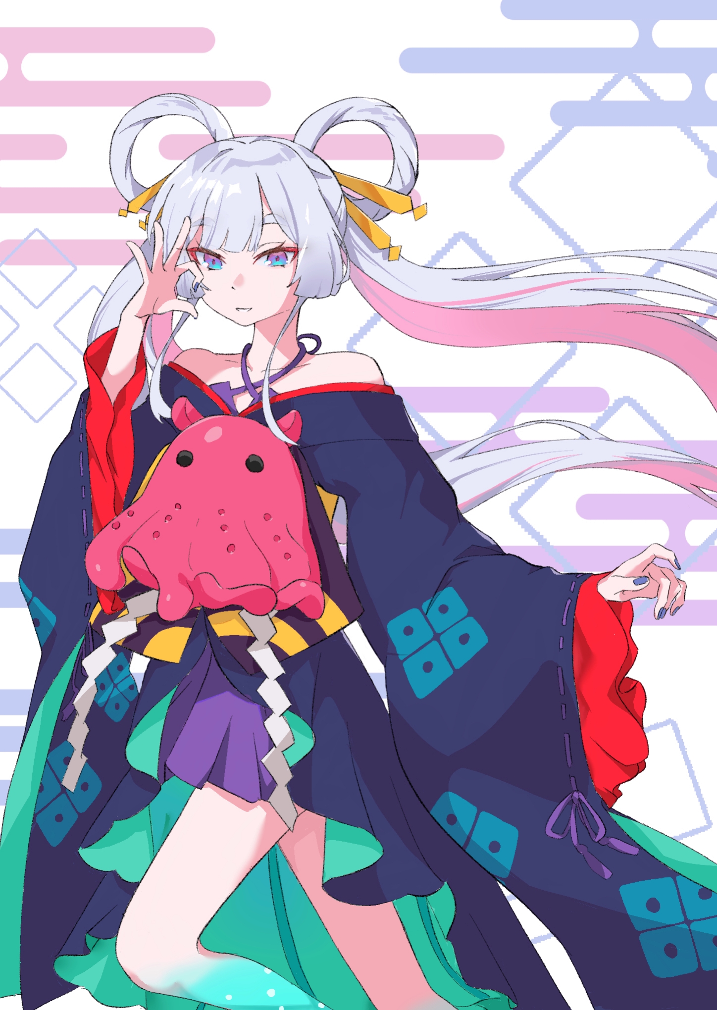 runami yachiyo, cho kaguya-hime!, chinese commentary, commentary request, highres, 1girl, bare shoulders, blue eyes, egasumi, grey hair, hair ornament, hair rings, halterneck, japanese clothes, kimono, long hair, long sleeves, looking at viewer, multicolored hair, nail polish, off shoulder, pink hair, purple eyes, smile, solo, standing, stuffed animal, stuffed toy, twintails, very long hair, white hair, wide sleeves