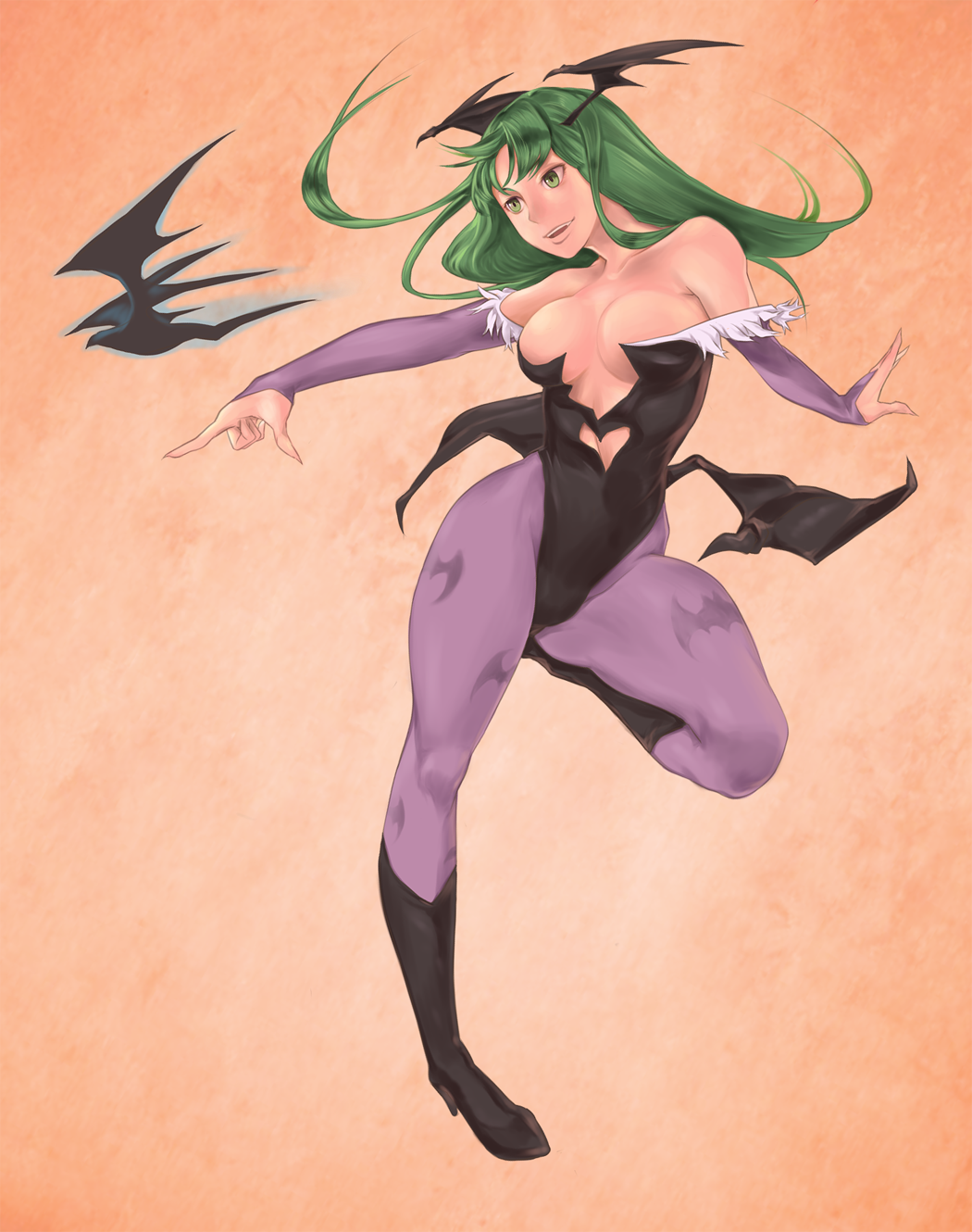 ultra00, morrigan aensland, capcom, darkstalkers, bad id, bad pixiv id, highres, 1girl, animal print, bat print, breasts, cleavage, demon girl, female focus, green hair, head wings, heart, leotard, medium breasts, pantyhose, print pantyhose, solo, wings