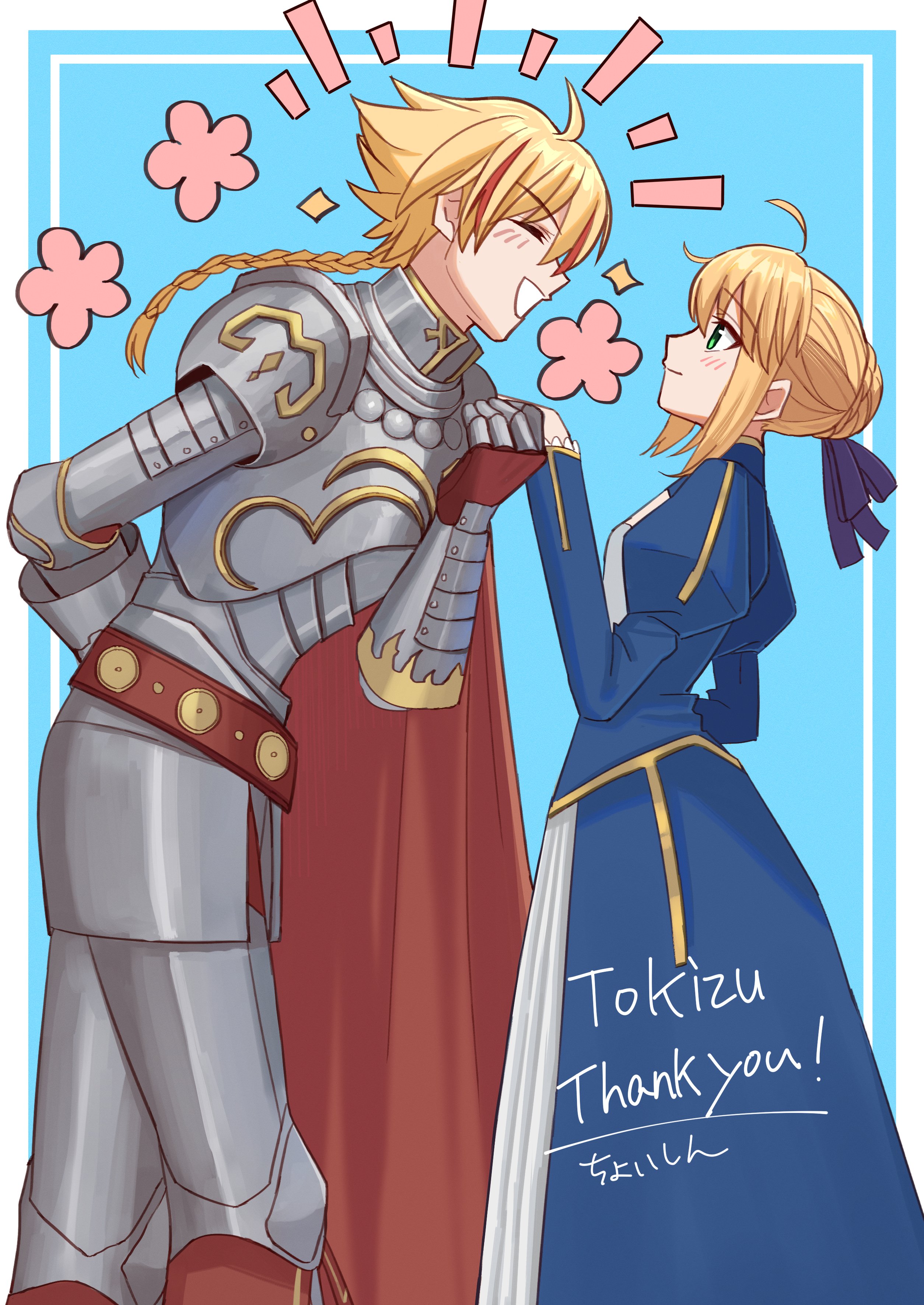 shintyoi2, artoria pendragon (fate), richard i (fate), saber (fate), fate/stay night, fate/strange fake, fate (series), absurdres, commission, highres, second-party source, 1boy, 1girl, ahoge, armor, belt, blonde hair, blue background, blue dress, blue ribbon, blush, border, bowing, braid, braided ponytail, cape, closed eyes, dress, english text, facing another, full armor, gauntlets, green eyes, grey armor, grin, hair between eyes, hair bun, hair ribbon, holding hands, juliet sleeves, leaning forward, long dress, long hair, long sleeves, looking at another, low ponytail, multicolored hair, outside border, parted bangs, ponytail, profile, puffy sleeves, red belt, red cape, red hair, ribbon, shoulder armor, sidelocks, simple background, single braid, smile, spiked hair, streaked hair, striped clothes, striped dress, vertical-striped clothes, vertical-striped dress, white border