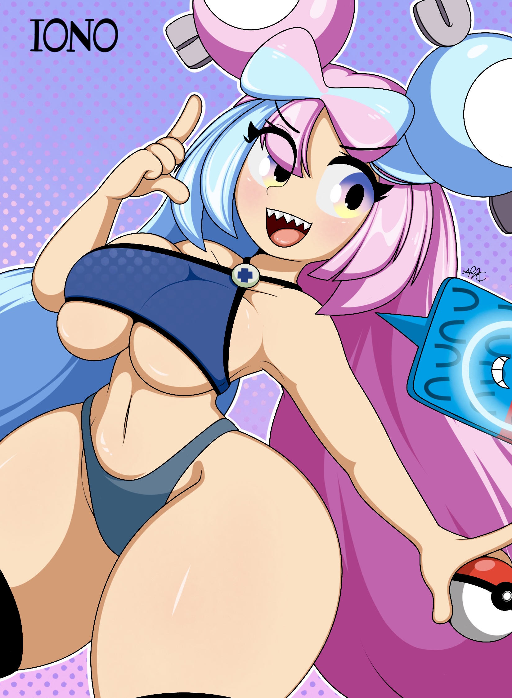 nrac, iono (pokemon), nintendo, pokemon, pokemon sv, 1girl, black thighhighs, blue background, blue hair, blue panties, breasts, character name, cowboy shot, crop top, dutch angle, gradient background, hair ornament, holding, holding poke ball, large breasts, long hair, multicolored hair, navel, open mouth, panties, pink background, pink hair, poke ball, poke ball (basic), polka dot, polka dot background, purple eyes, sharp teeth, shiny skin, smile, solo, standing, teeth, thick thighs, thighhighs, thighs, two-tone hair, underboob, underwear, upper teeth only, very long hair, wide hips