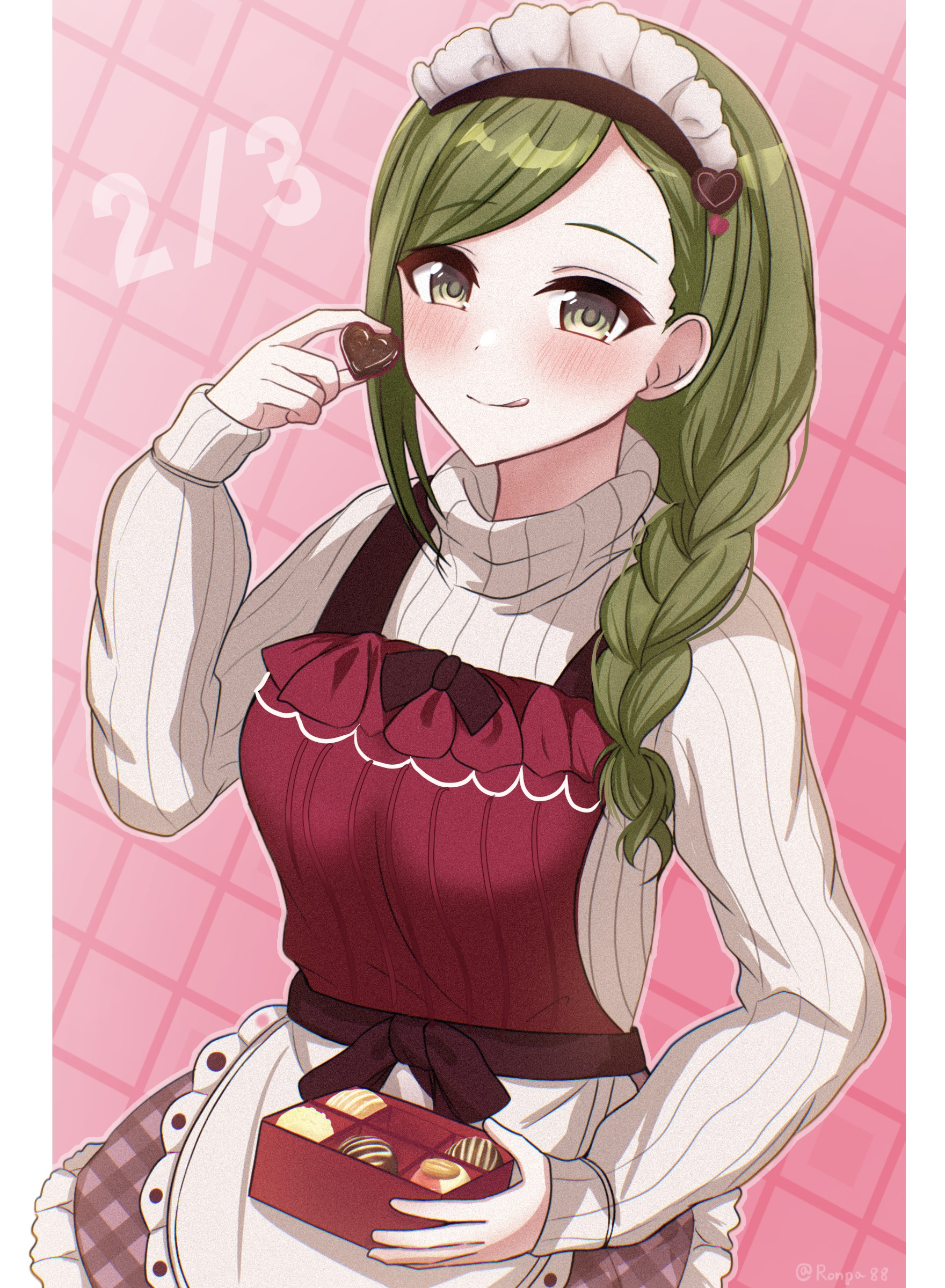 ronpa, nanakusa hazuki, idolmaster, idolmaster shiny colors, absurdres, commentary request, highres, 1girl, :q, apron, blush, chocolate, dated, food, green hair, holding, holding chocolate, holding food, long braid, long hair, long sleeves, looking at viewer, maid apron, maid headdress, pillarboxed, ribbed sweater, single sidelock, smile, solo, sweater, swept bangs, tongue, tongue out, white sweater