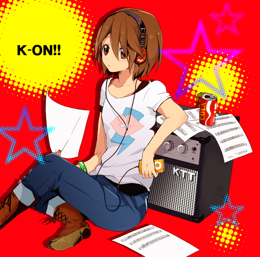 gen (enji), hirasawa yui, k-on!, listen!!, 1girl, beamed quavers, boots, can, denim, drink can, female focus, halftone, halftone background, headphones, jeans, musical note, pants, quaver, sheet music, soda can, solo