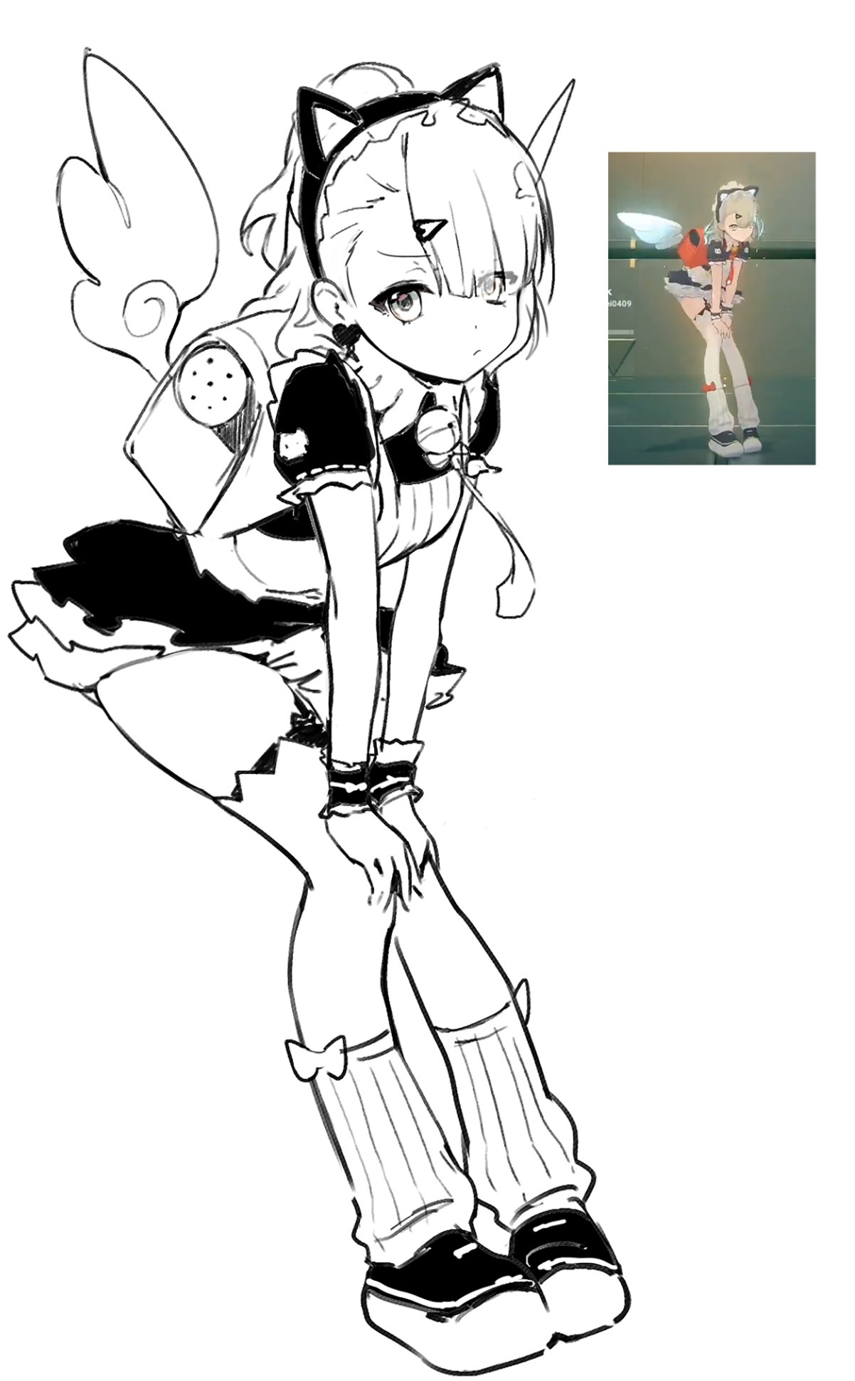 sunna (zenless zone zero), zenless zone zero, commentary request, highres, korean commentary, 1girl, 42sini42, animal ear hairband, animal ears, bell, black dress, cat ear hairband, cat ears, closed mouth, dress, fake animal ears, frilled dress, frills, full body, game screenshot inset, greyscale, hair ornament, hairband, hands on own knees, heart, heart hair ornament, leaning forward, looking at viewer, maid, maid headdress, monochrome, neck bell, necktie, reference inset, screenshot inset, simple background, solo, sunna (afternoon tea break) (zenless zone zero), white background, white wings, winged bag, wings