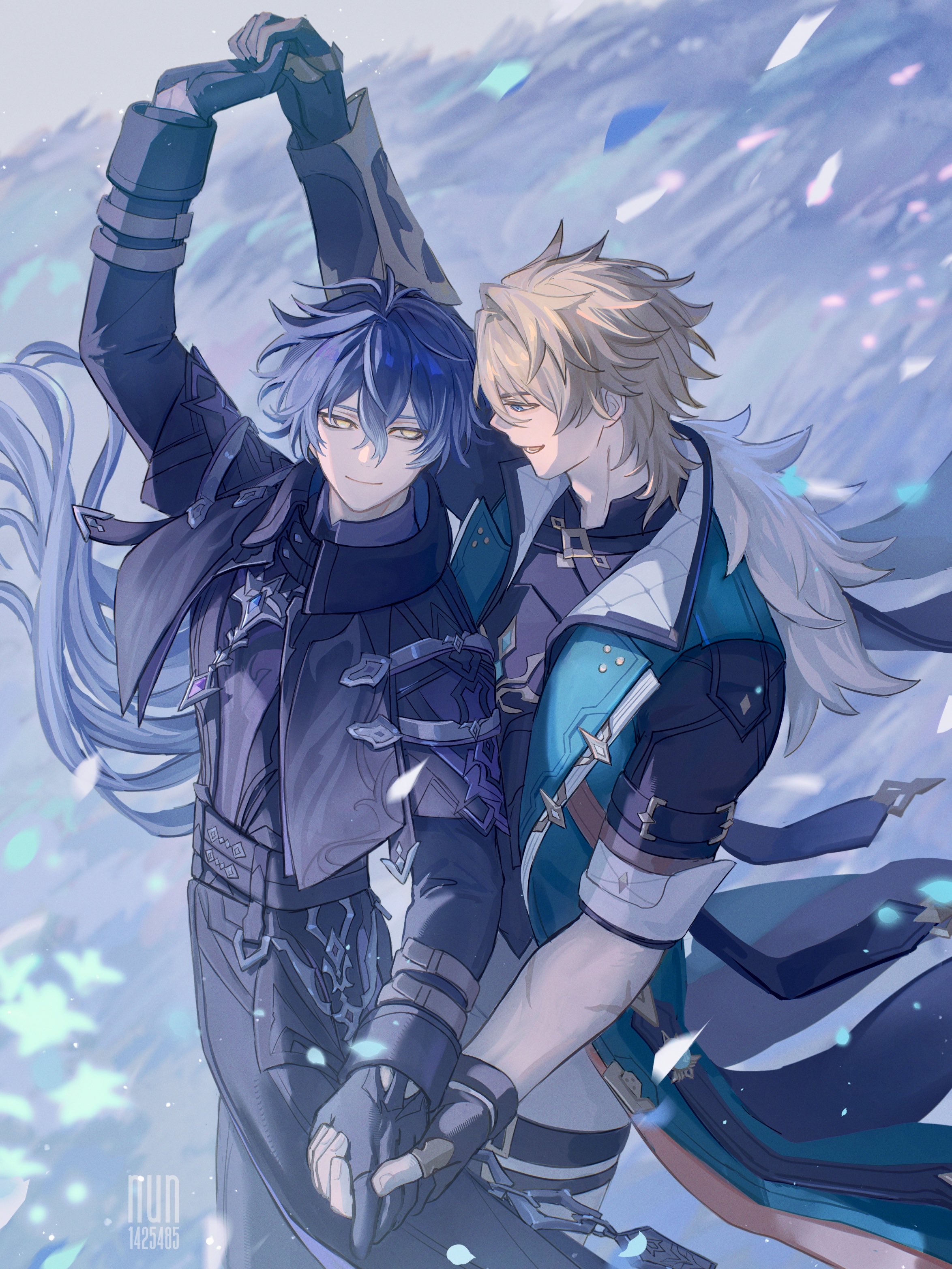 flins (genshin impact), varka (genshin impact), genshin impact, absurdres, commentary request, highres, 2boys, black gloves, blonde hair, blue hair, closed mouth, crossed bangs, fur trim, gloves, holding hands, jacket, long hair, long sleeves, looking at viewer, male focus, multiple boys, nun1425485, open clothes, open jacket, open mouth, scar, scar on arm, sleeves rolled up, smile, yaoi, yellow eyes