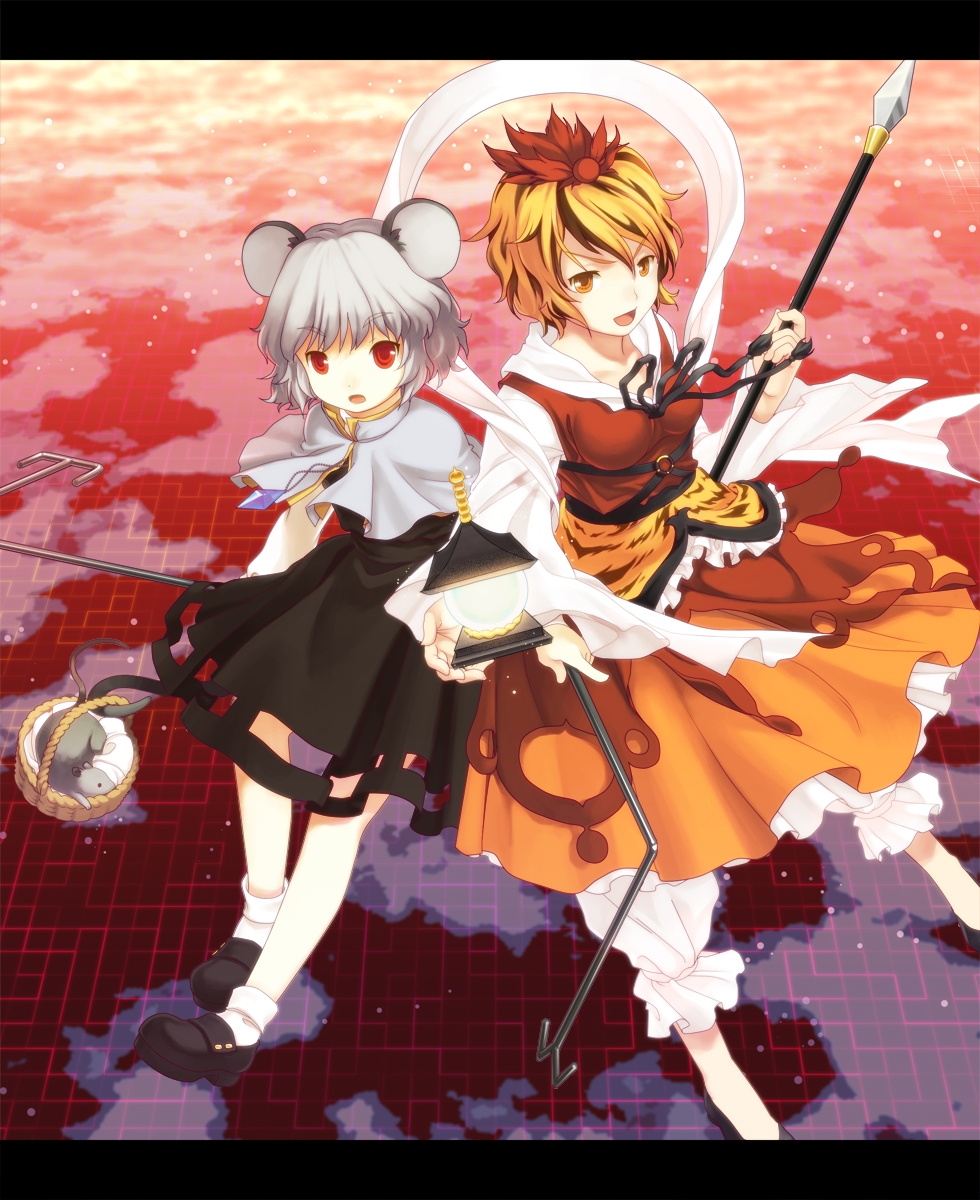 kondou (dioptrie), nazrin, toramaru shou, touhou, bad id, bad pixiv id, highres, 2girls, animal ears, basket, bishamonten's pagoda, blonde hair, female focus, grey hair, hair ornament, jewelry, mouse (animal), mouse ears, mouse tail, multiple girls, pendant, polearm, red eyes, shawl, short hair, spear, tail, weapon