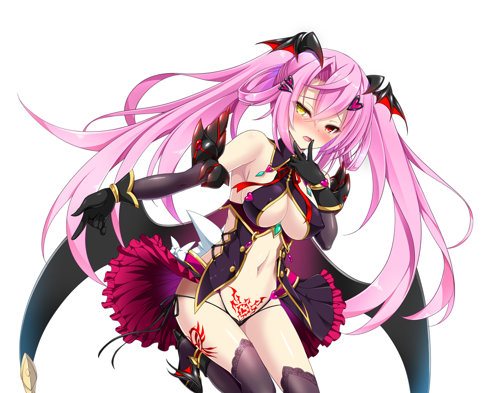 chikubi (artist), kusarou, lilith (mahou shoujo inori), mahou shoujo inori, game cg, large variant set, non-web source, official art, variant set, 1girl, black dress, black gloves, black panties, black thighhighs, black wings, blush, breasts, center opening, cleavage, clothing cutout, corruption, dark persona, demon girl, demon wings, dress, elbow gloves, floating hair, gloves, hair between eyes, hair ornament, hairclip, head wings, heterochromia, large breasts, leg up, long hair, looking at viewer, low wings, mamiya seira, navel, open mouth, panties, pink hair, pubic tattoo, red eyes, revealing clothes, side-tie panties, solo, tattoo, thighhighs, transparent background, twintails, underwear, very long hair, wings, yellow eyes