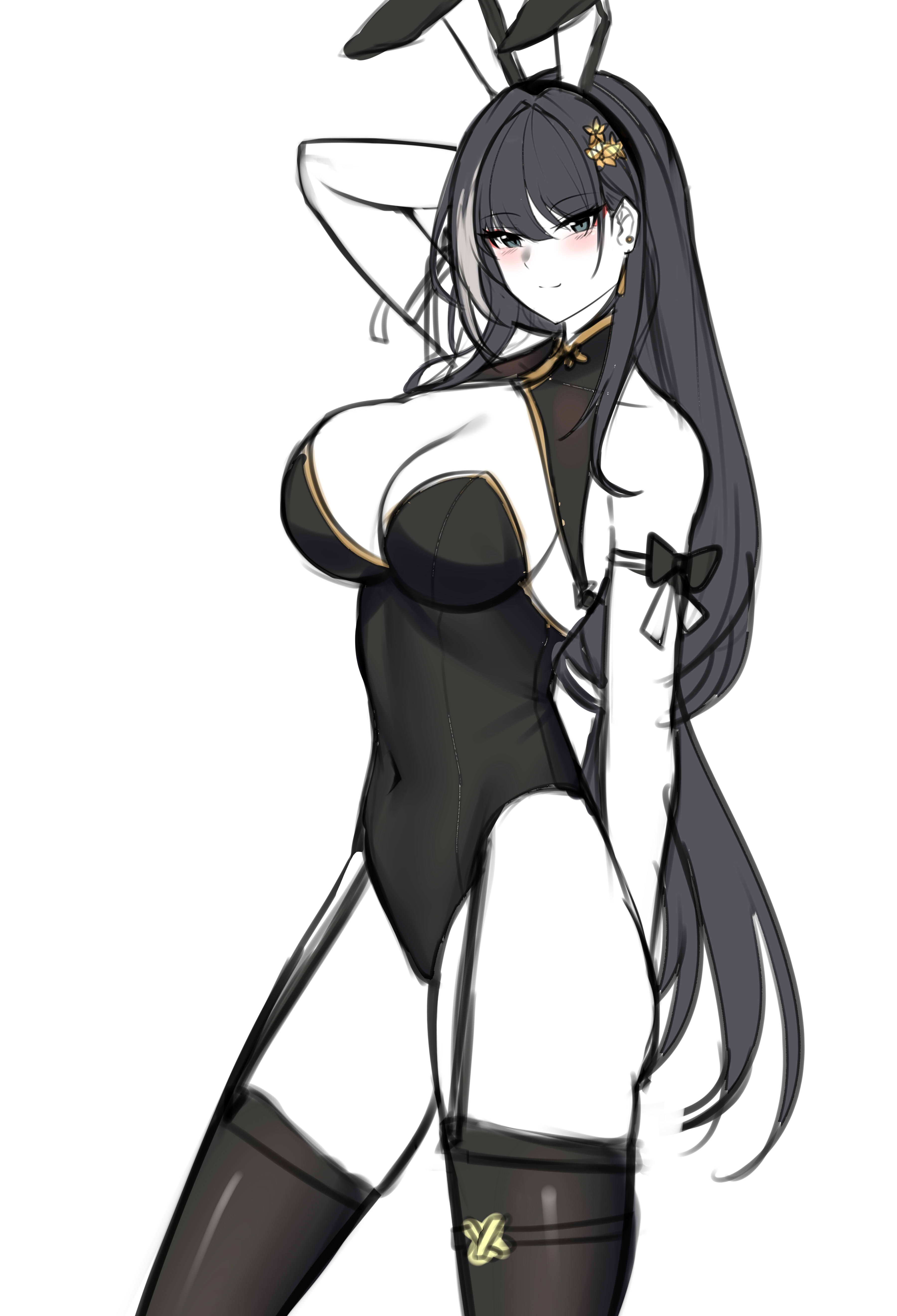 mapyarong, baizhi (wuthering waves), wuthering waves, absurdres, commentary request, highres, unfinished, animal ears, black dress, breasts, cleavage, dress, earrings, green eyes, jewelry, long hair, multicolored hair, playboy bunny, rabbit ears, thighhighs, very long hair