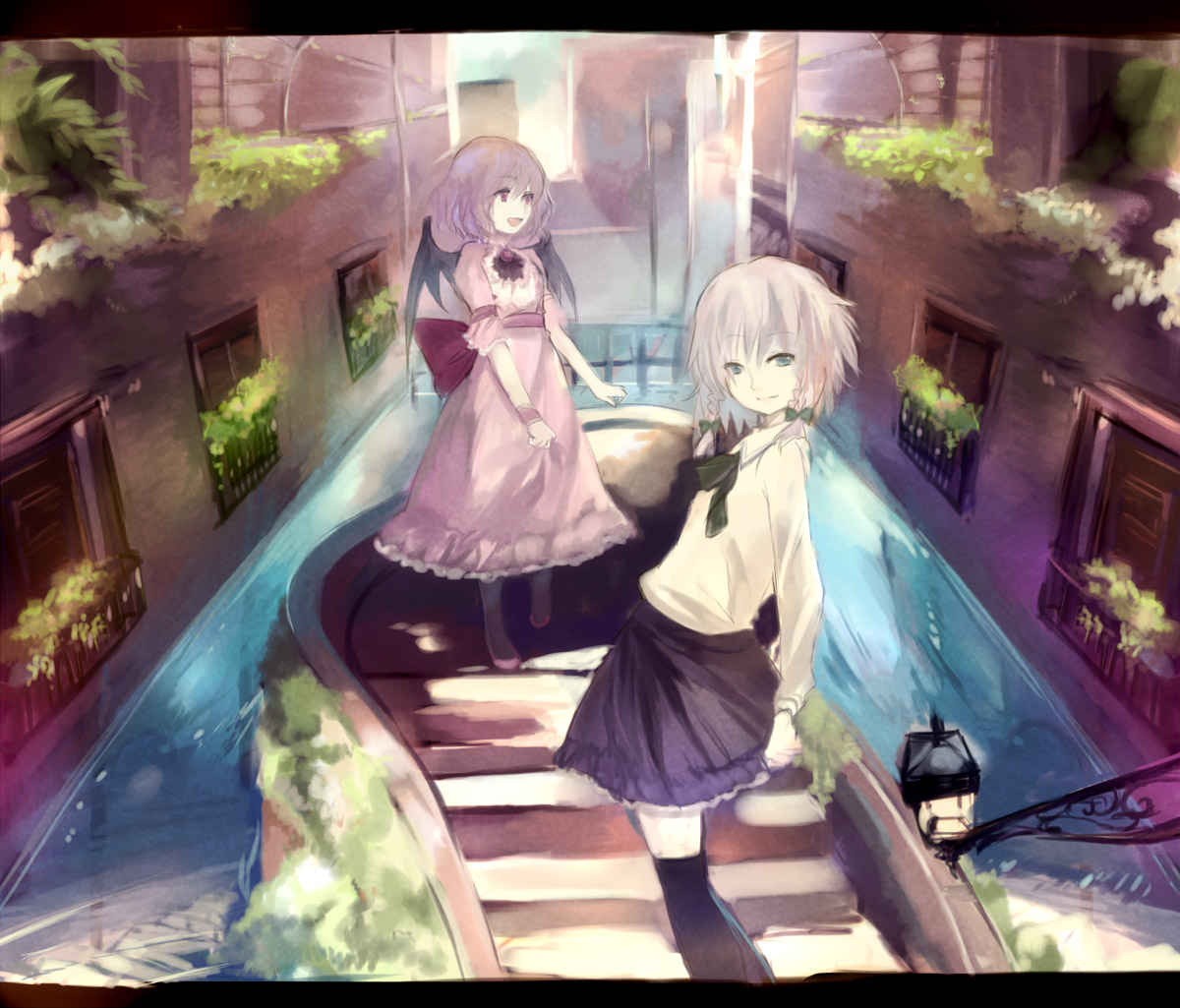 ume (plumblossom), izayoi sakuya, remilia scarlet, touhou, bad id, bad pixiv id, 2girls, alternate costume, contemporary, female focus, multiple girls