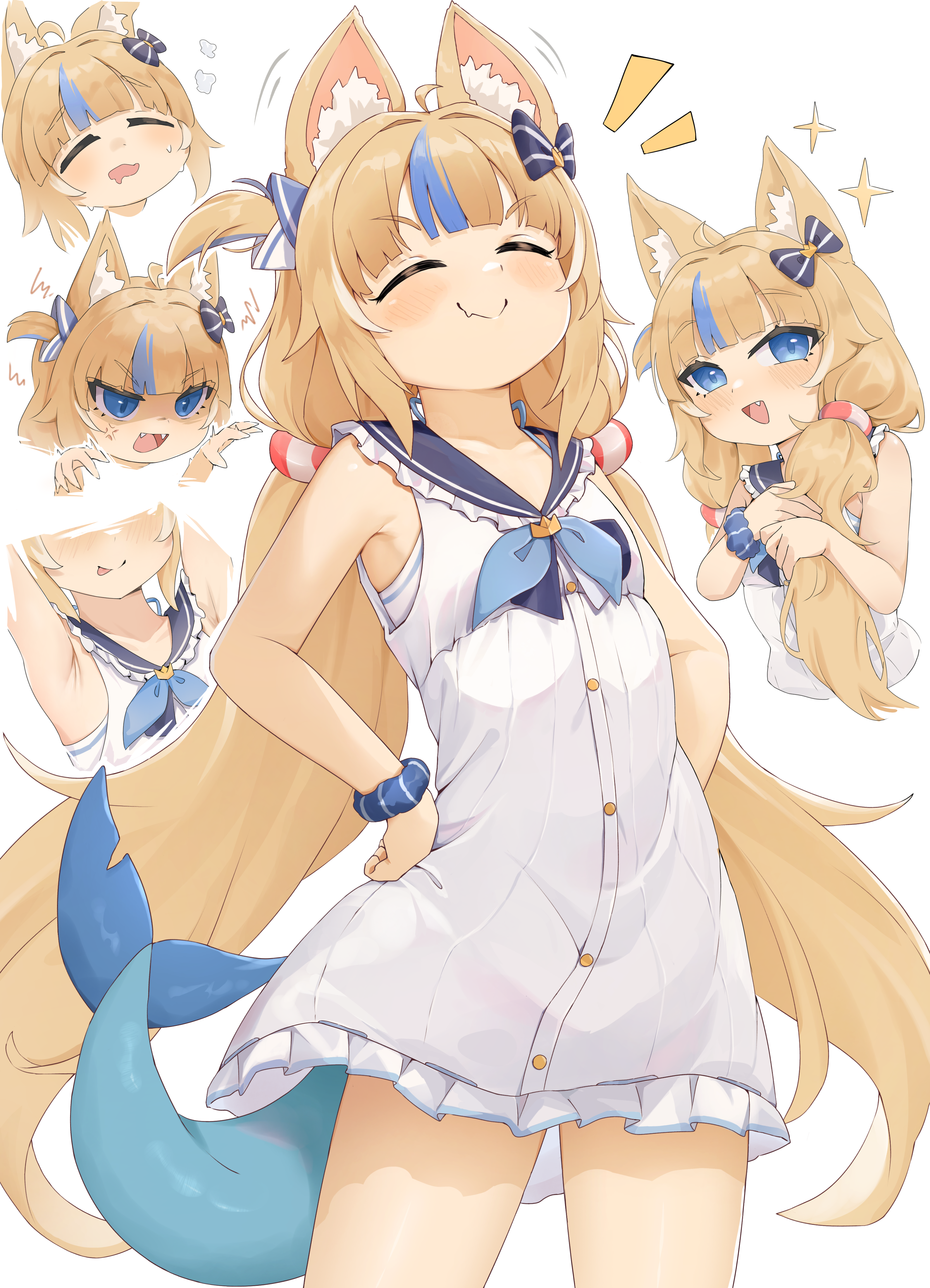 syarrchan, sameko saba, indie virtual youtuber, absurdres, commentary, highres, 1girl, :d, :p, ahoge, anger vein, animal ear fluff, animal ears, armpit crease, bare arms, bare shoulders, blonde hair, blue eyes, blue hair, blue sailor collar, blunt bangs, blush, bow, cat ears, collarbone, cowboy shot, double-parted bangs, dress, drooling, fang, fang out, fangs, fins, fish tail, flat chest, frilled dress, frilled shirt collar, frills, hair bow, hands on own hips, lifebuoy hair ornament, long hair, looking at viewer, low twintails, mouth drool, multicolored hair, multiple expressions, multiple views, one side up, open mouth, sailor collar, sailor dress, scrunchie, shaded face, simple background, skin fang, sleeveless, sleeveless dress, smile, sparkle, streaked hair, tail, tongue, tongue out, twintails, two-tone hair, very long hair, virtual youtuber, wavy mouth, white background, white dress, wrist scrunchie